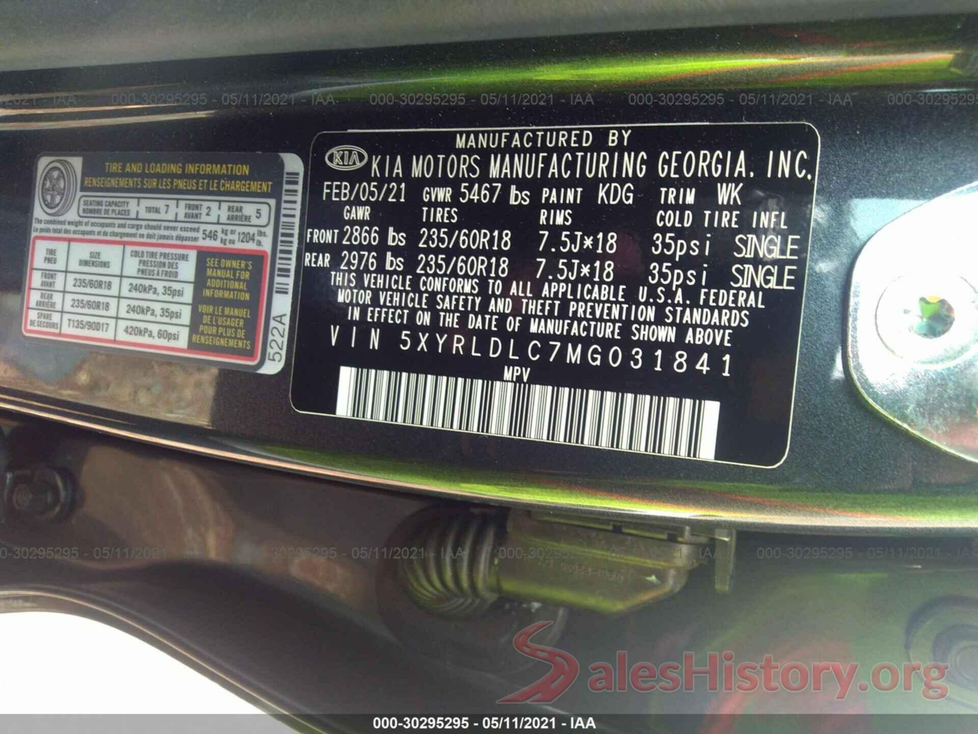 5XYRLDLC7MG031841 2021 KIA SORENTO