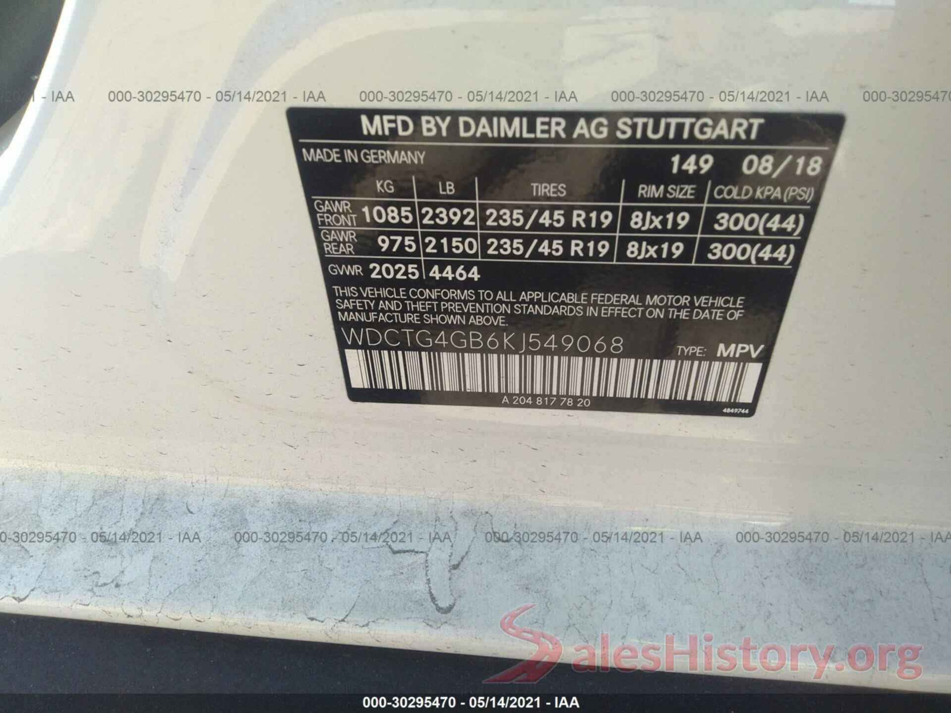 WDCTG4GB6KJ549068 2019 MERCEDES-BENZ GLA