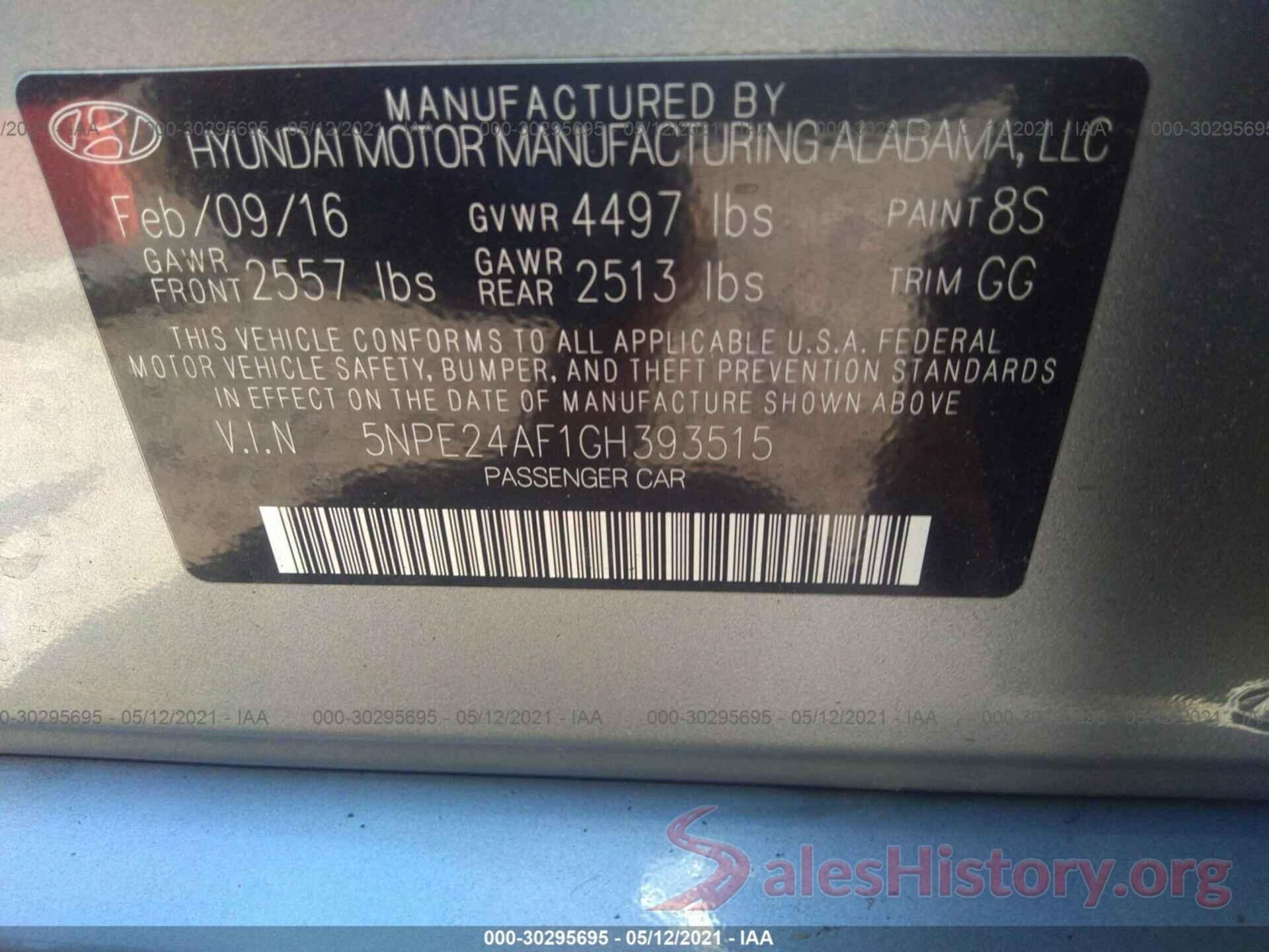 5NPE24AF1GH393515 2016 HYUNDAI SONATA