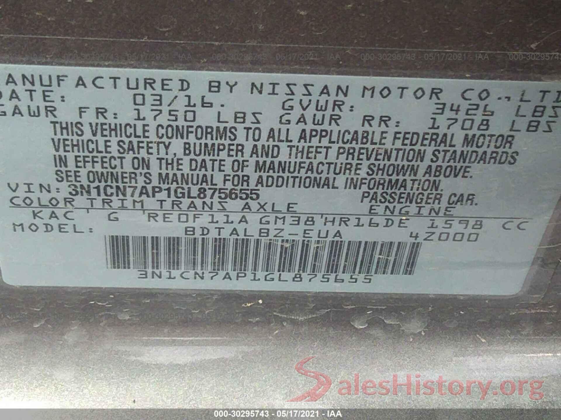 3N1CN7AP1GL875655 2016 NISSAN VERSA