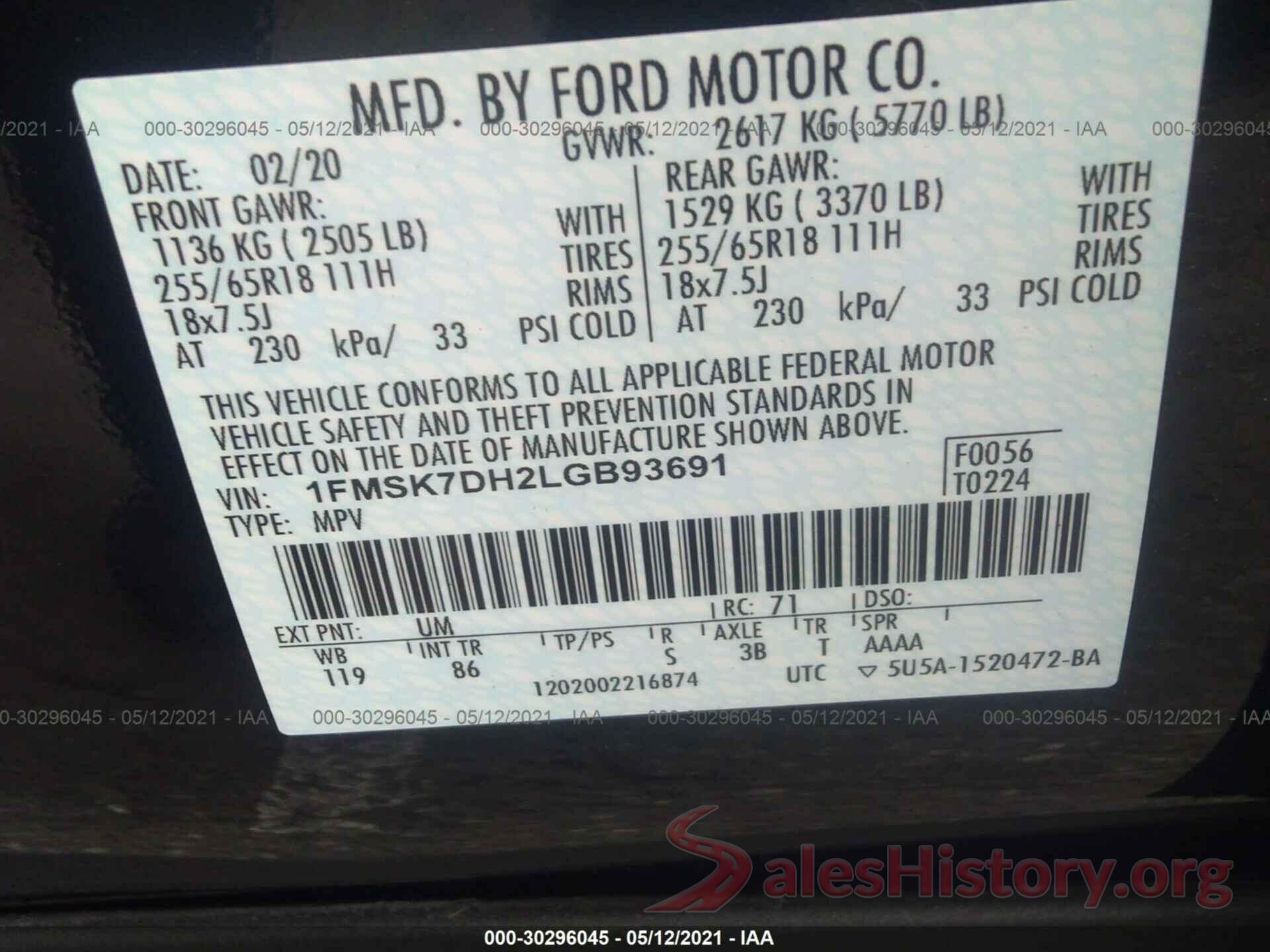 1FMSK7DH2LGB93691 2020 FORD EXPLORER