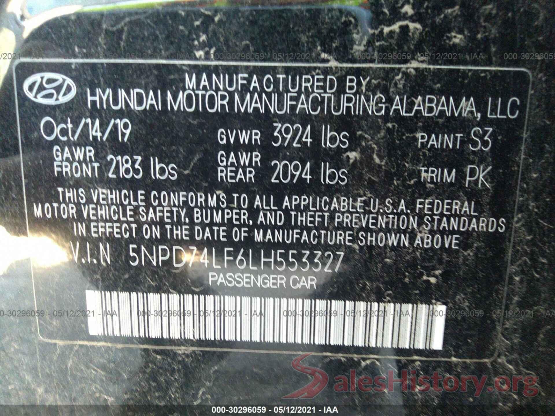 5NPD74LF6LH553327 2020 HYUNDAI ELANTRA