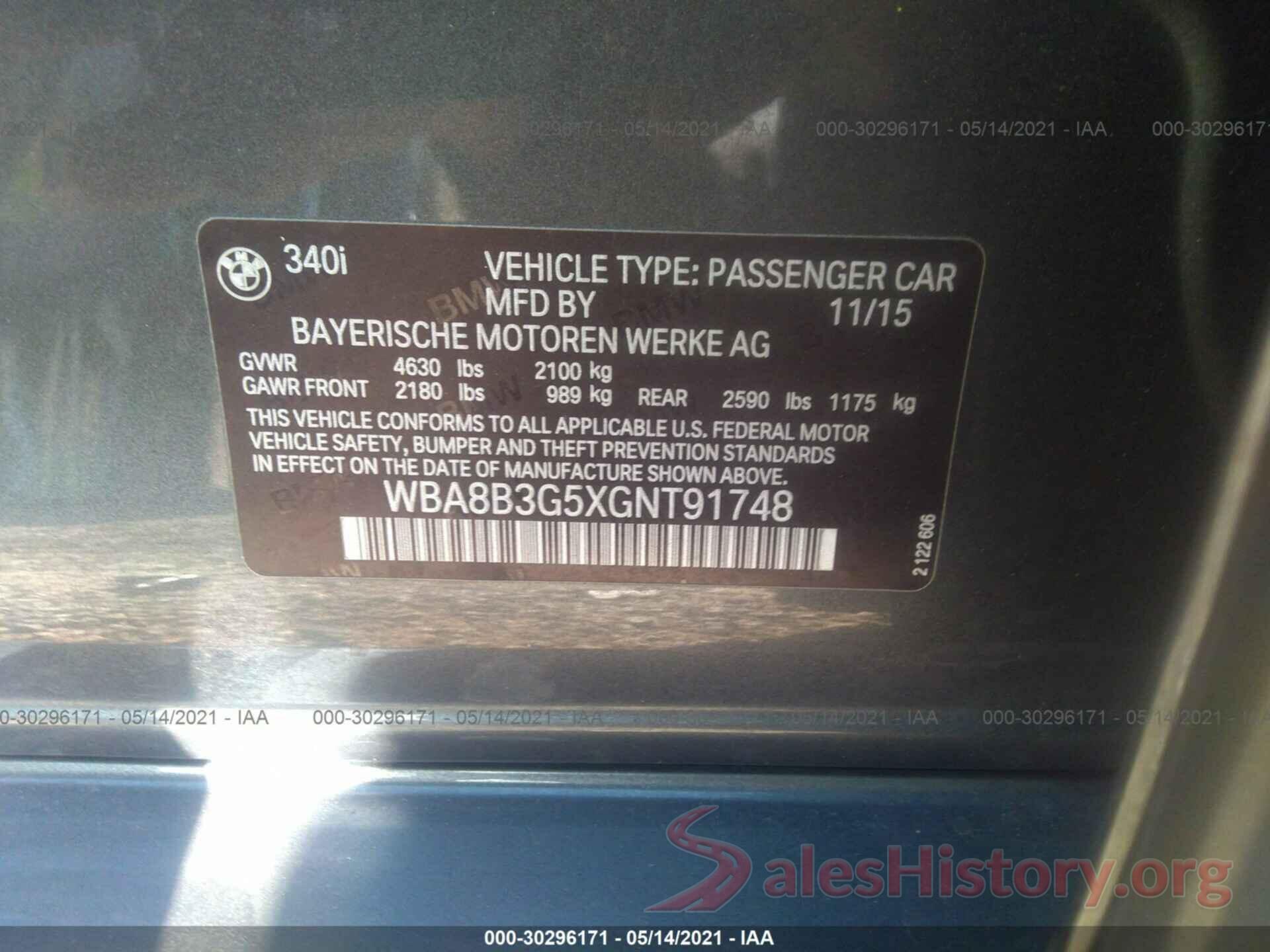 WBA8B3G5XGNT91748 2016 BMW 3 SERIES