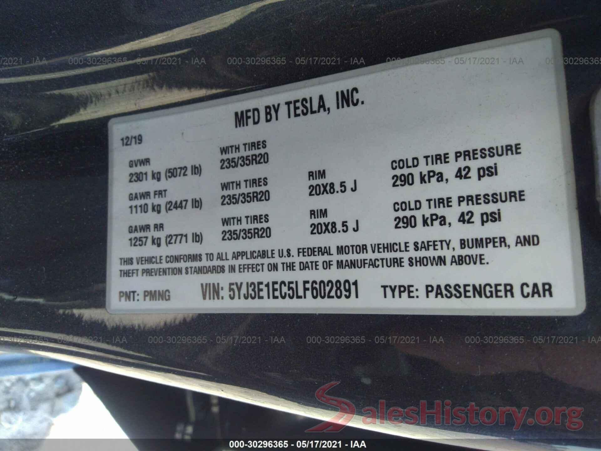 5YJ3E1EC5LF602891 2020 TESLA MODEL 3