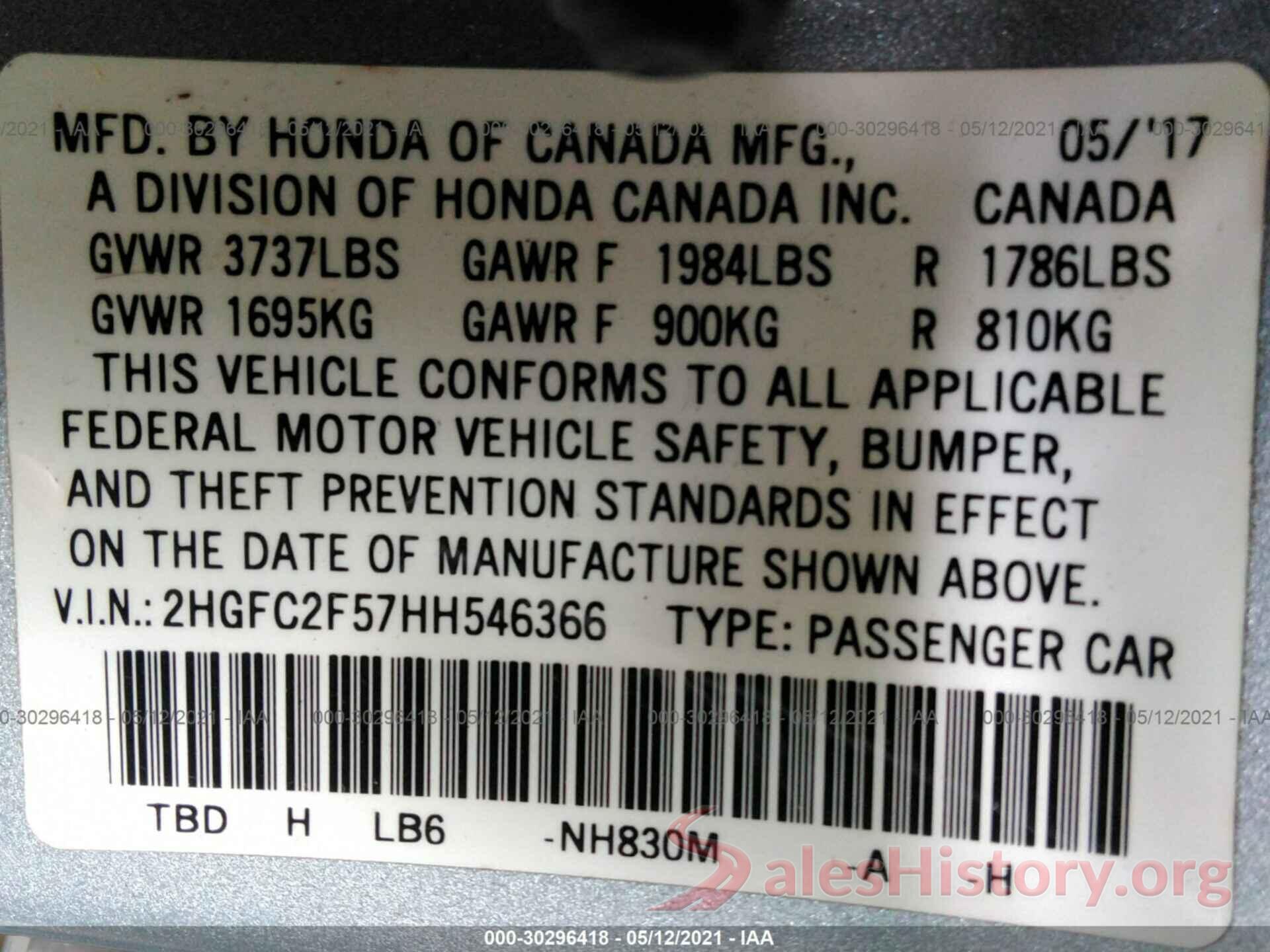 2HGFC2F57HH546366 2017 HONDA CIVIC SEDAN