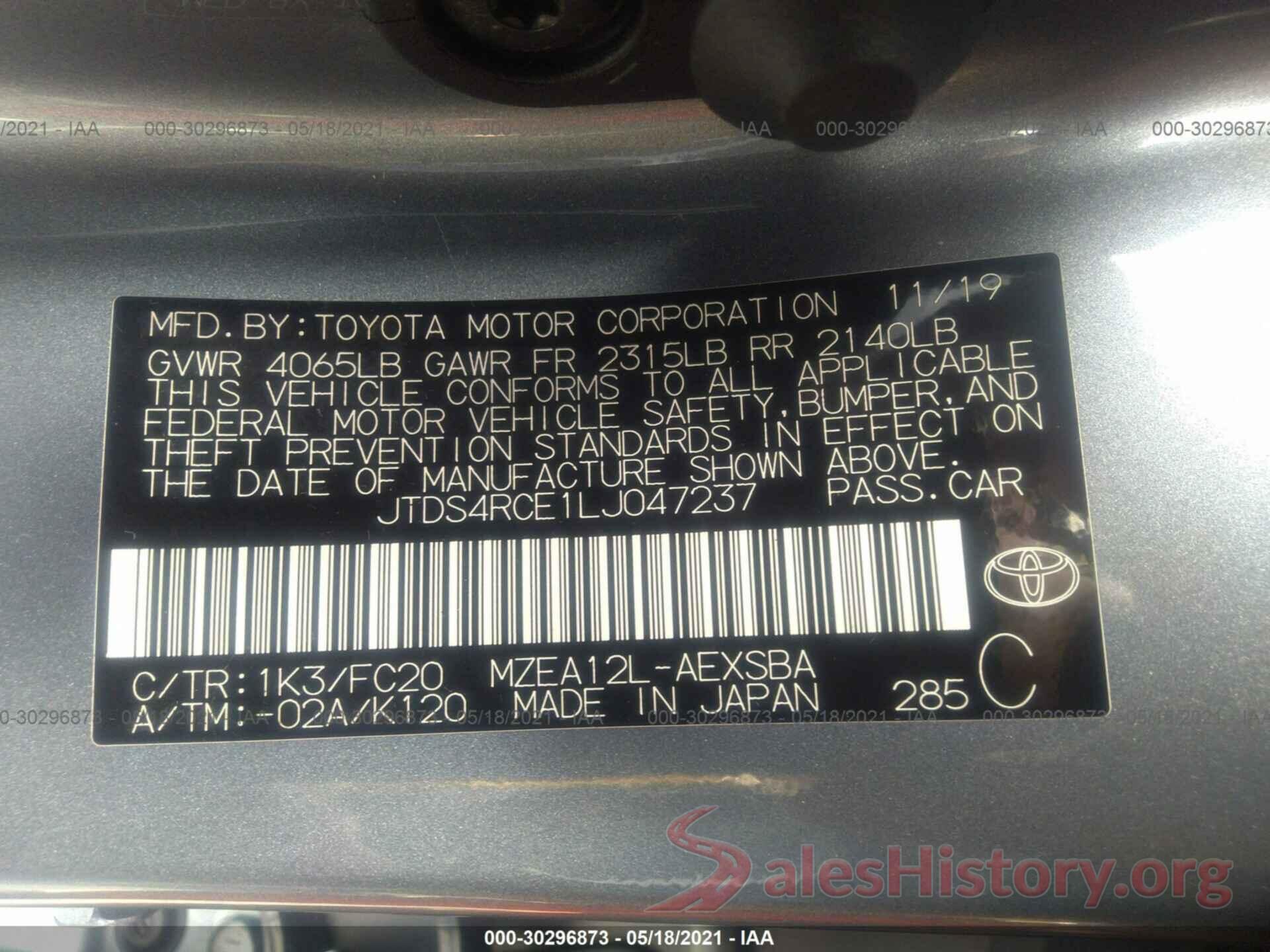 JTDS4RCE1LJ047237 2020 TOYOTA COROLLA