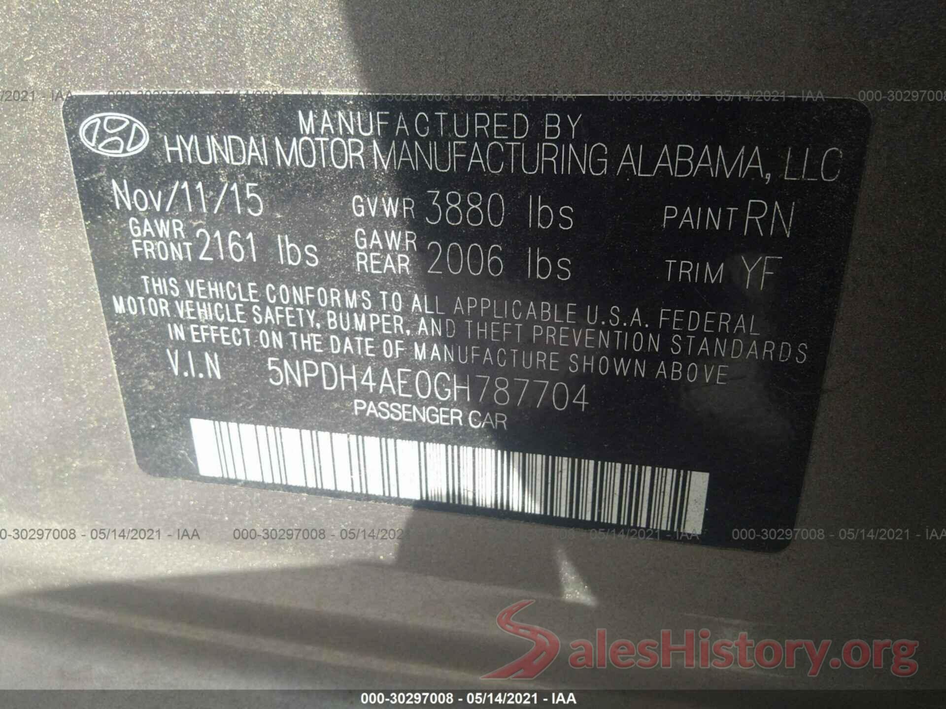 5NPDH4AE0GH787704 2016 HYUNDAI ELANTRA