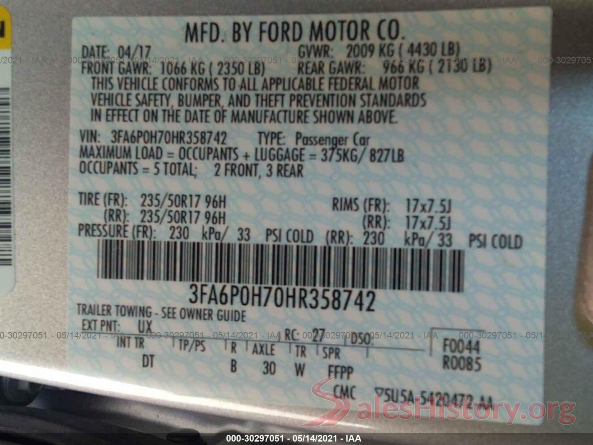 3FA6P0H70HR358742 2017 FORD FUSION