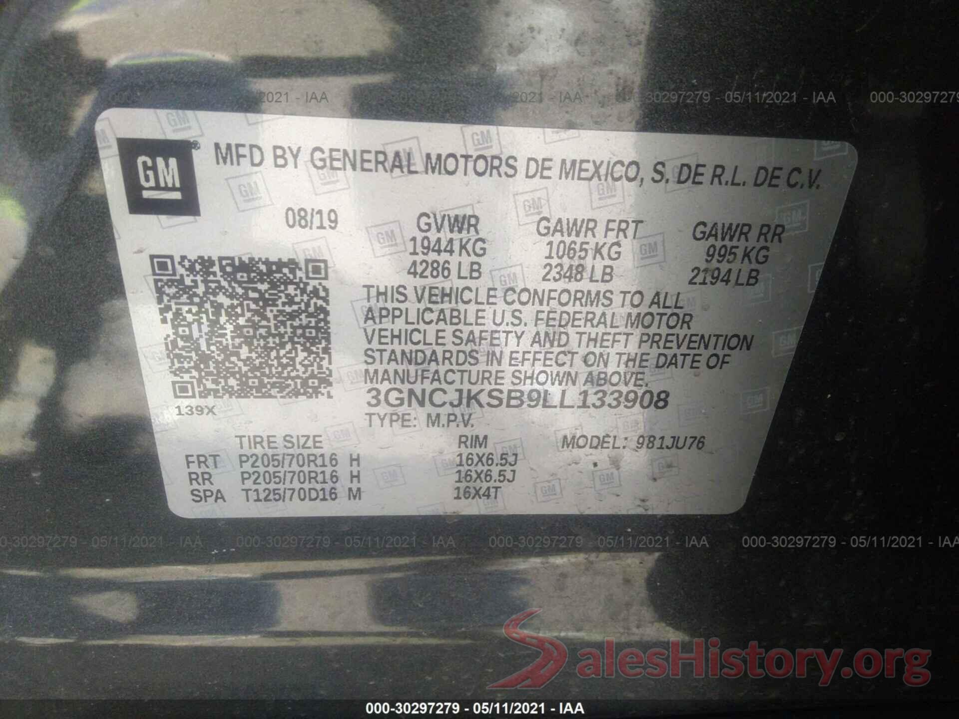 3GNCJKSB9LL133908 2020 CHEVROLET TRAX