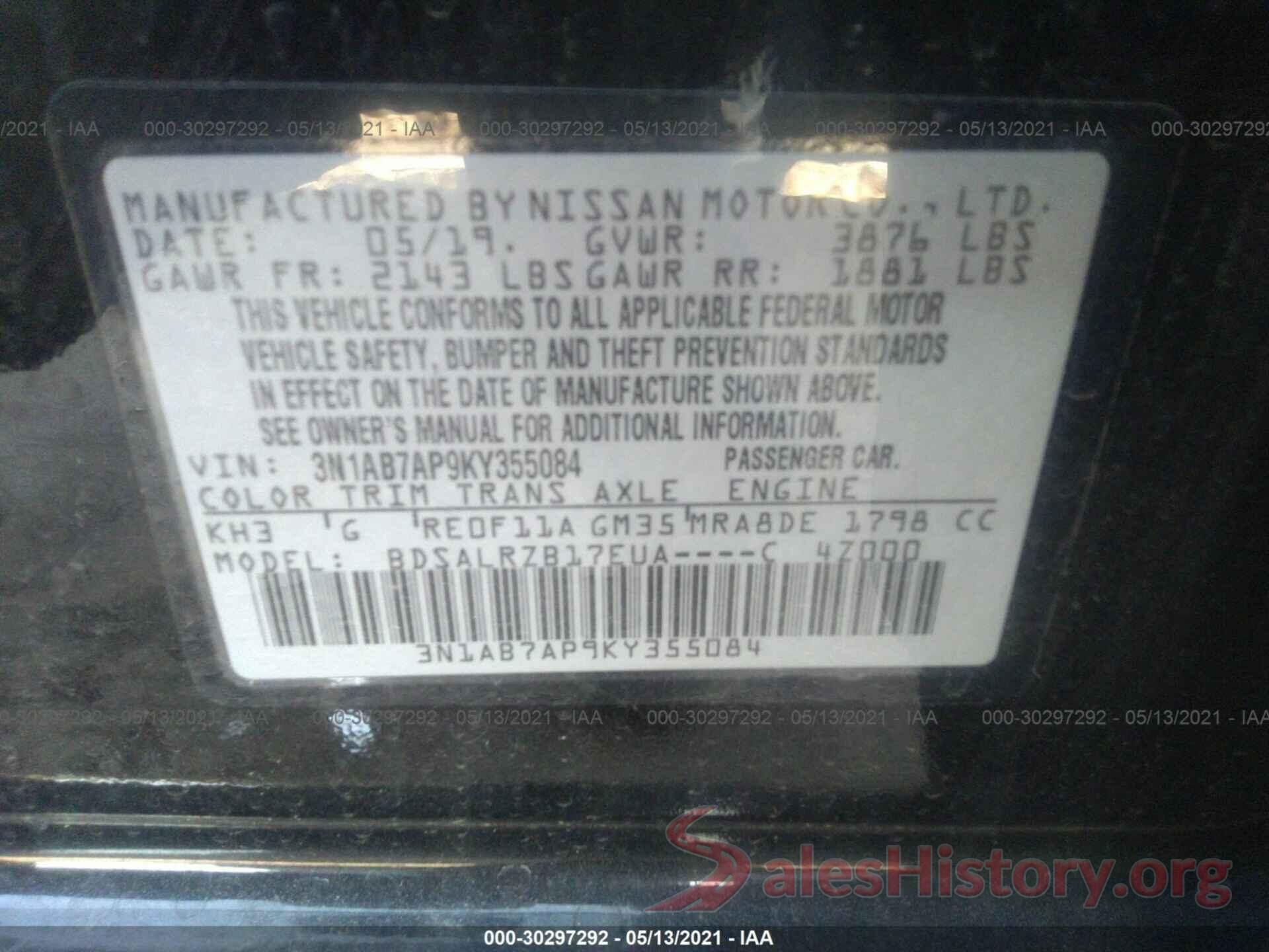 3N1AB7AP9KY355084 2019 NISSAN SENTRA