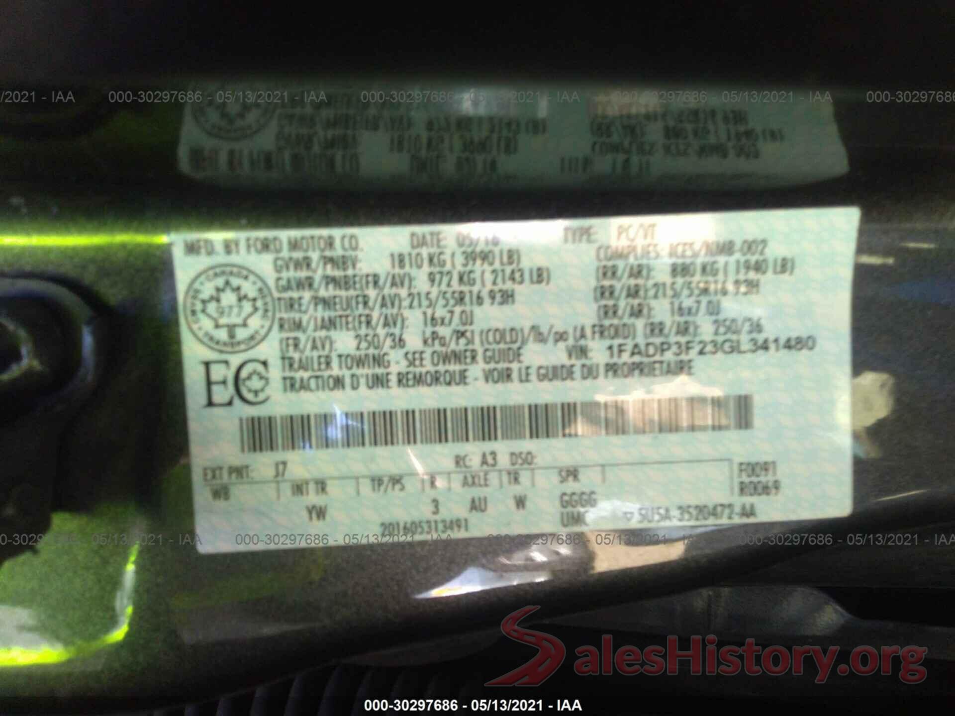 1FADP3F23GL341480 2016 FORD FOCUS