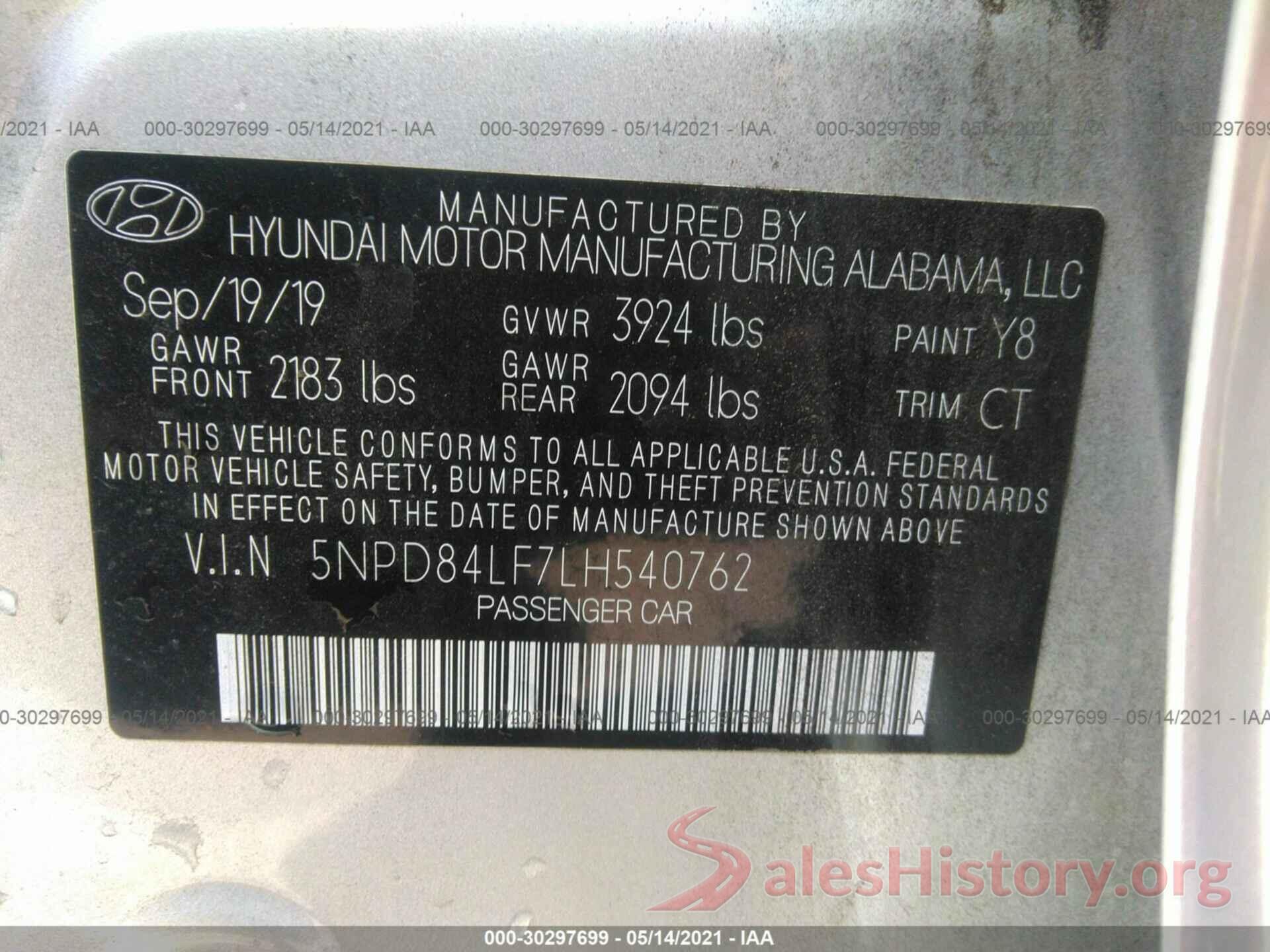 5NPD84LF7LH540762 2020 HYUNDAI ELANTRA