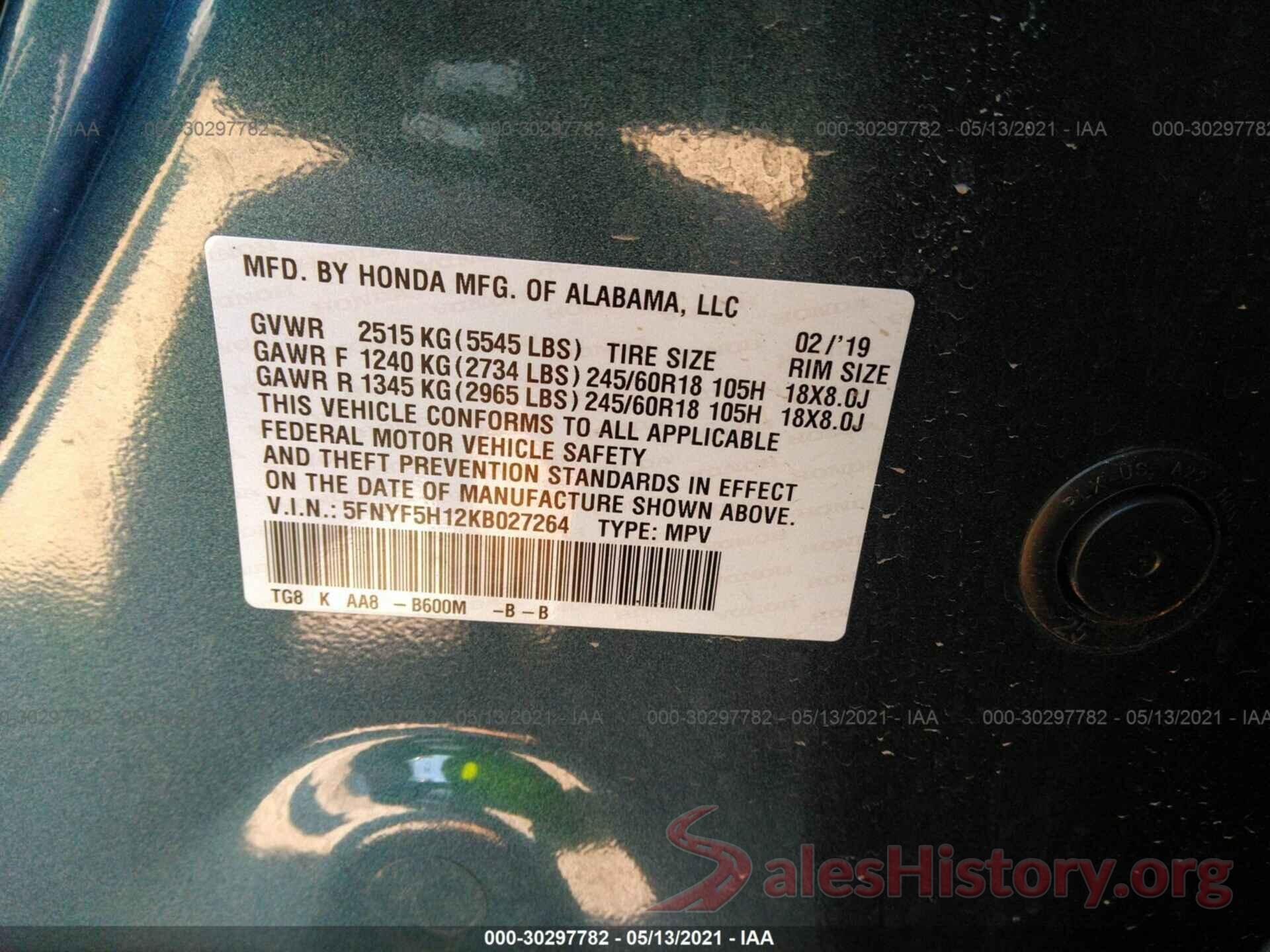 5FNYF5H12KB027264 2019 HONDA PILOT