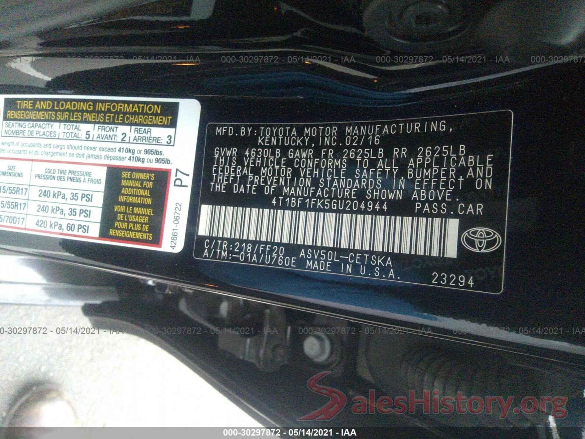 4T1BF1FK5GU204944 2016 TOYOTA CAMRY