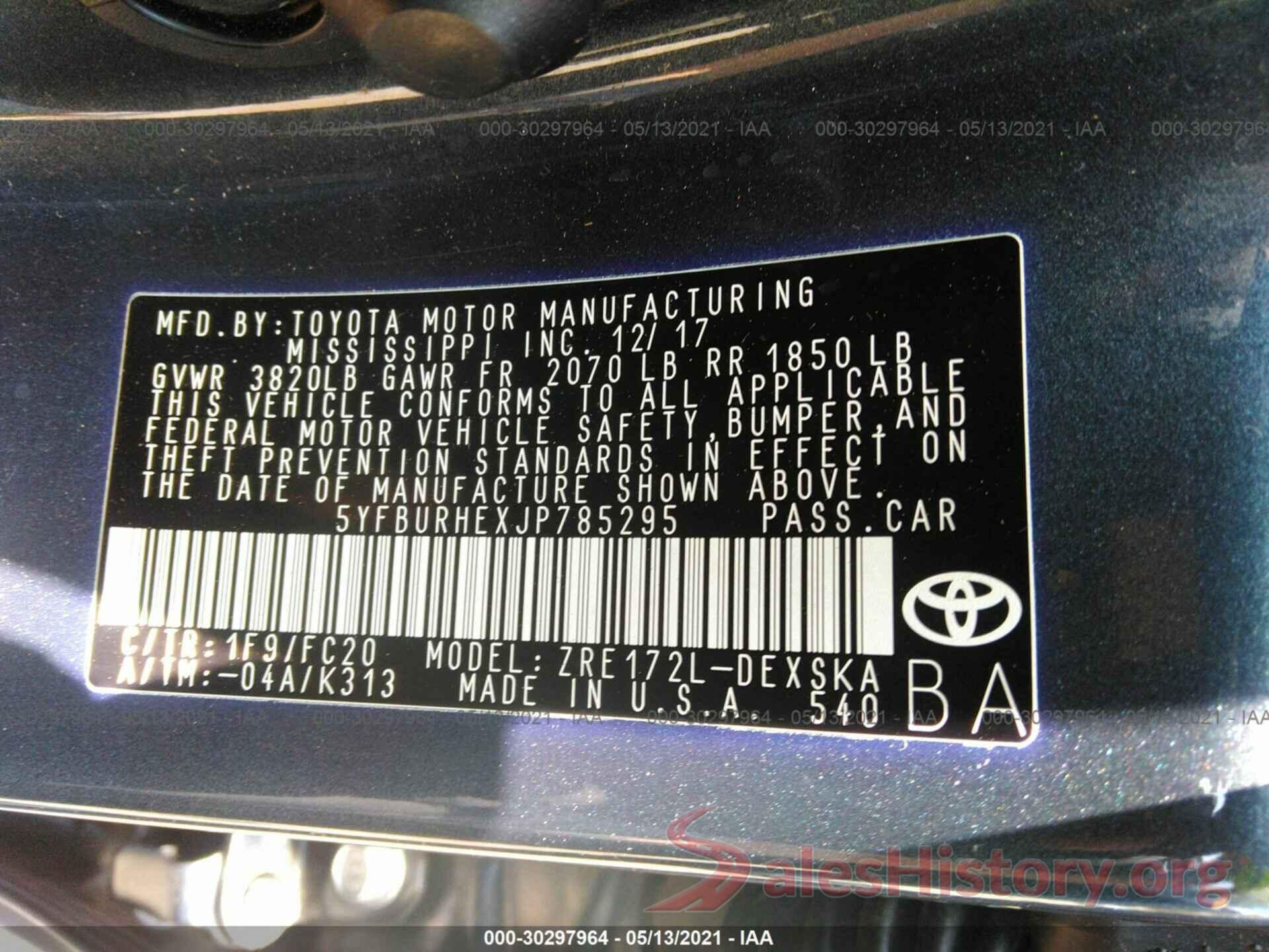 5YFBURHEXJP785295 2018 TOYOTA COROLLA