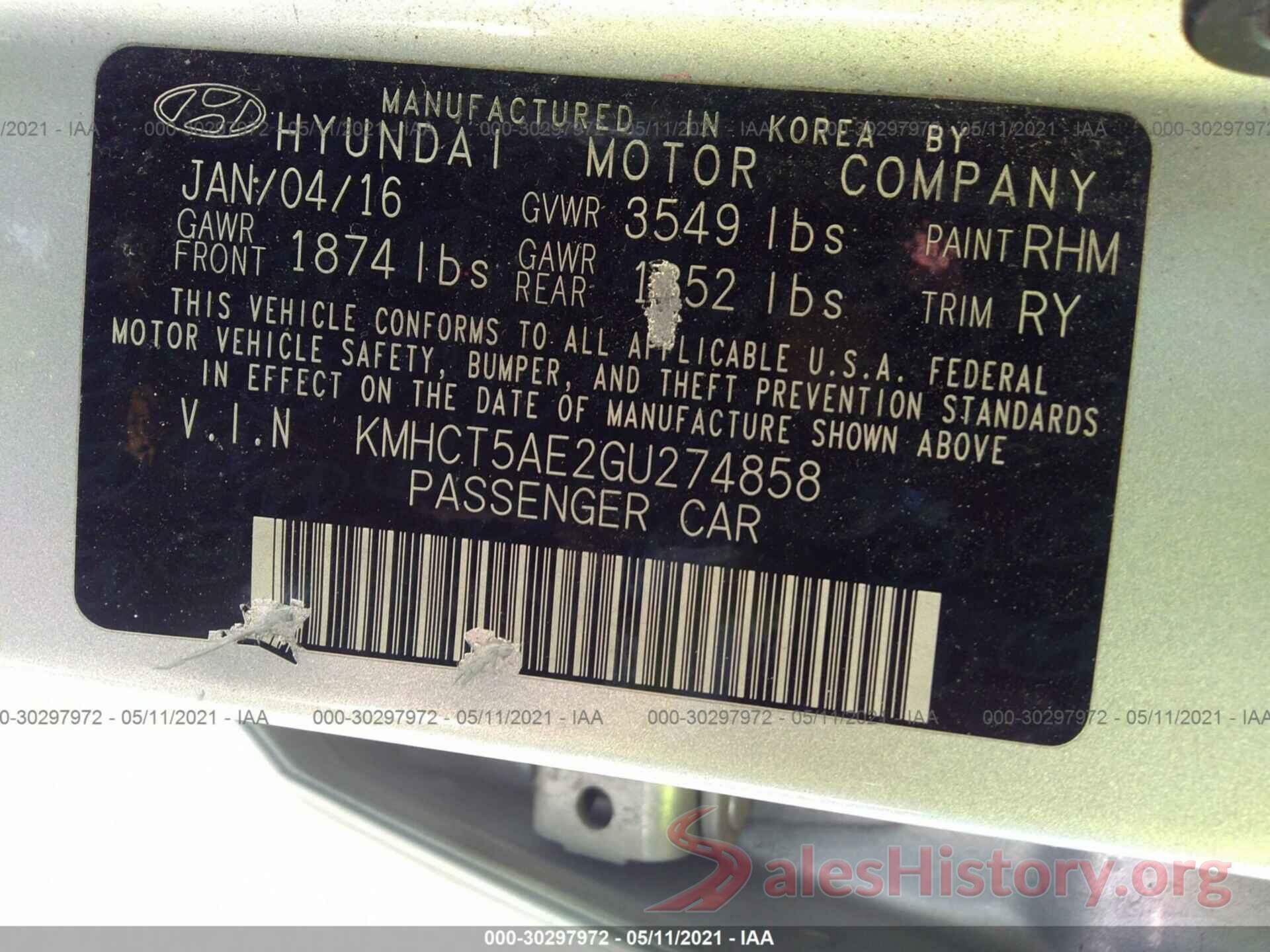 KMHCT5AE2GU274858 2016 HYUNDAI ACCENT