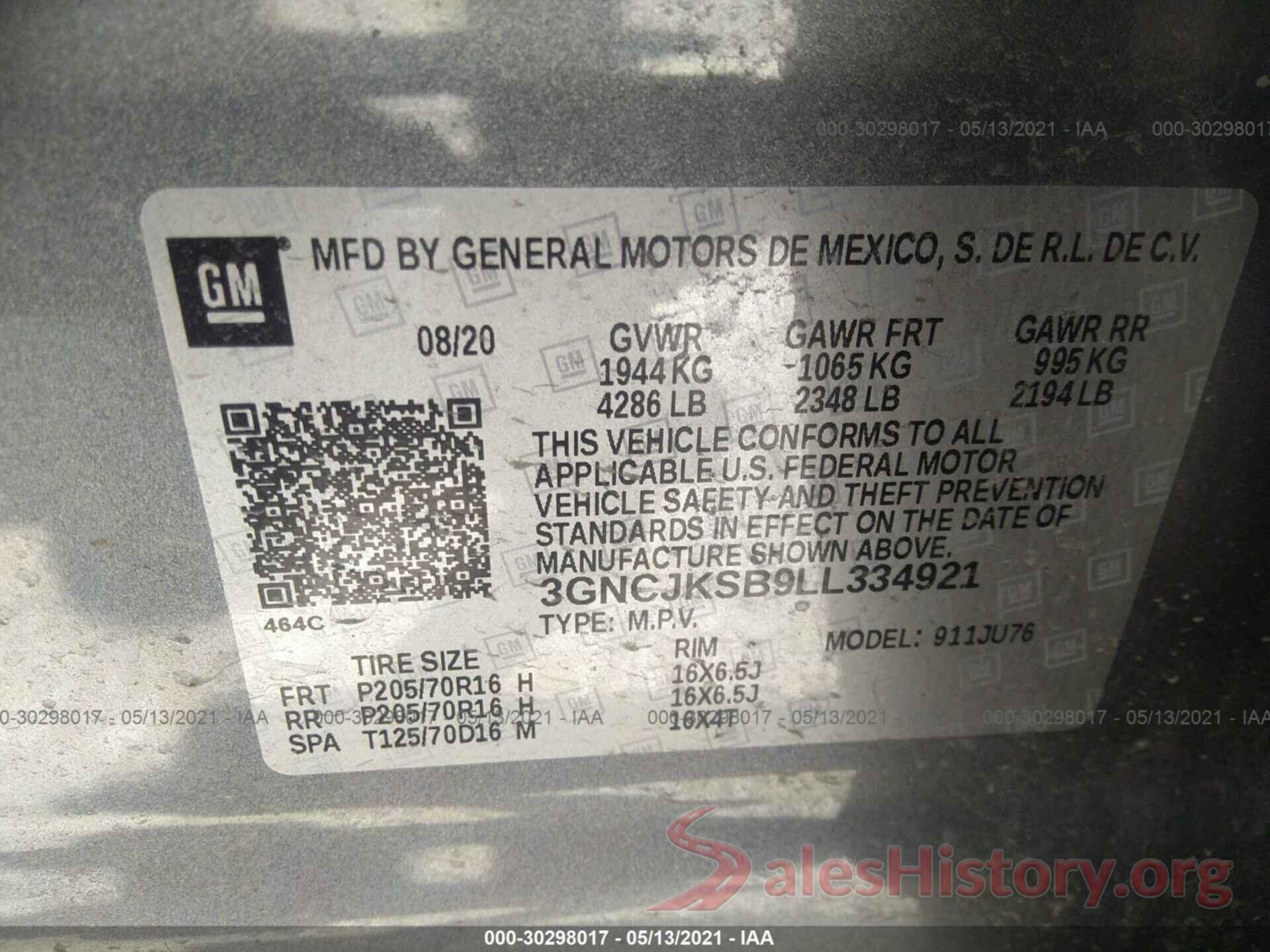 3GNCJKSB9LL334921 2020 CHEVROLET TRAX