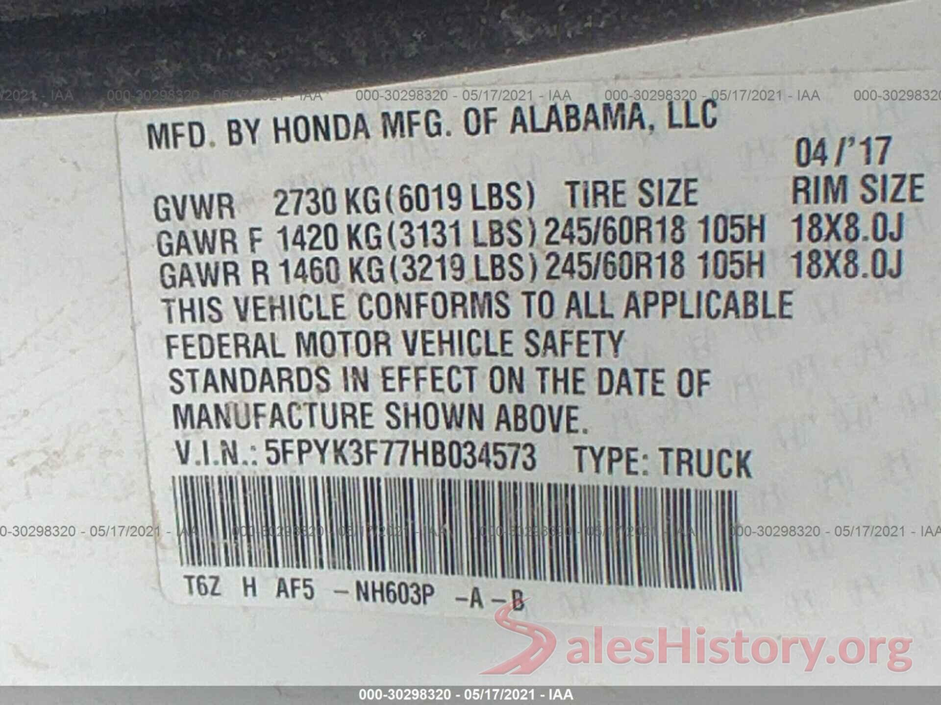 5FPYK3F77HB034573 2017 HONDA RIDGELINE