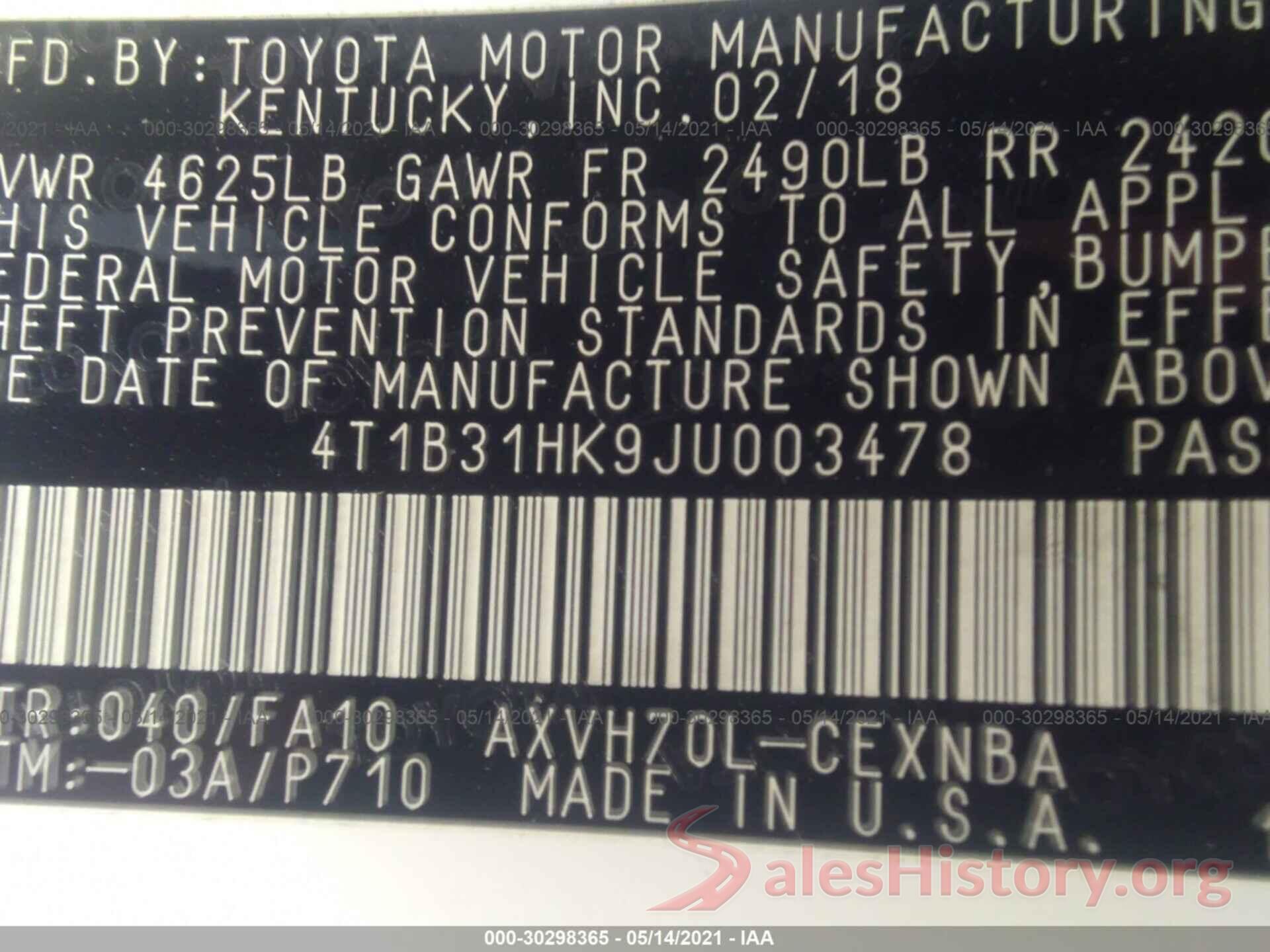 4T1B31HK9JU003478 2018 TOYOTA CAMRY