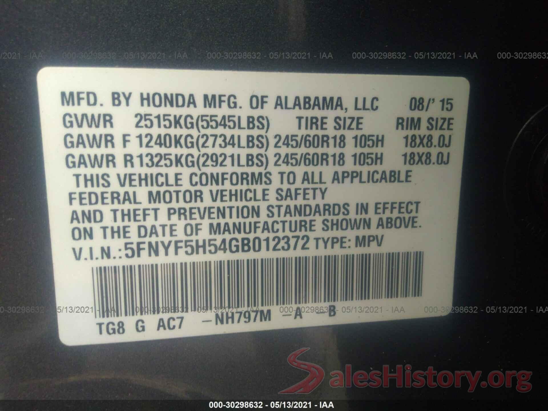 5FNYF5H54GB012372 2016 HONDA PILOT