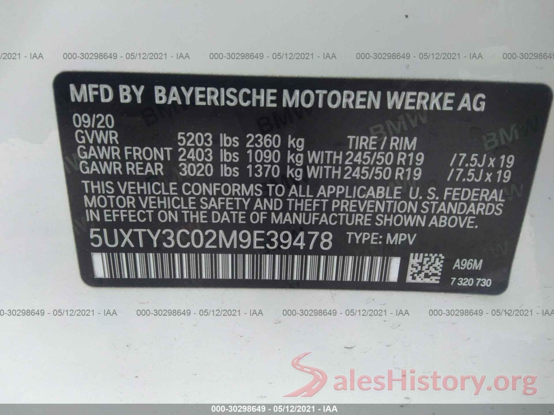 5UXTY3C02M9E39478 2021 BMW X3