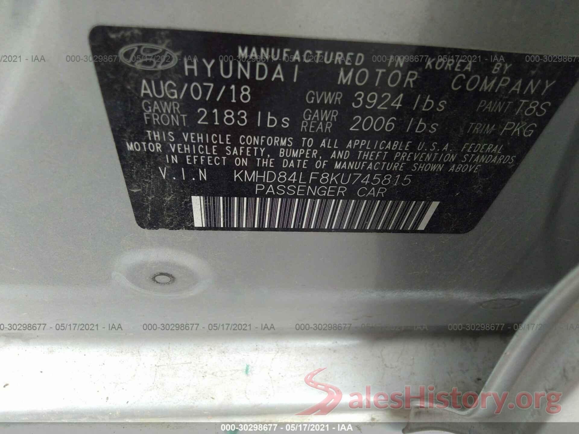 KMHD84LF8KU745815 2019 HYUNDAI ELANTRA