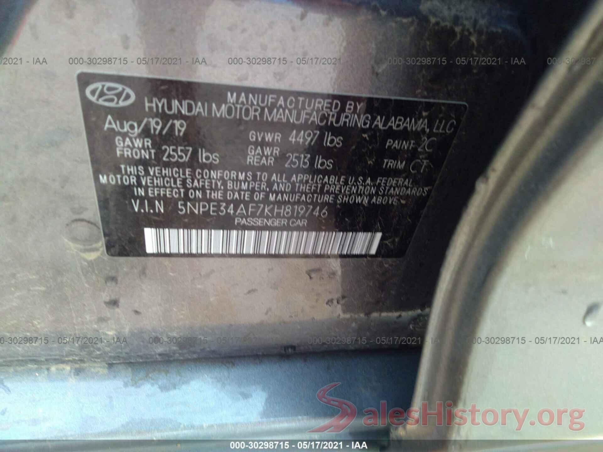 5NPE34AF7KH819746 2019 HYUNDAI SONATA