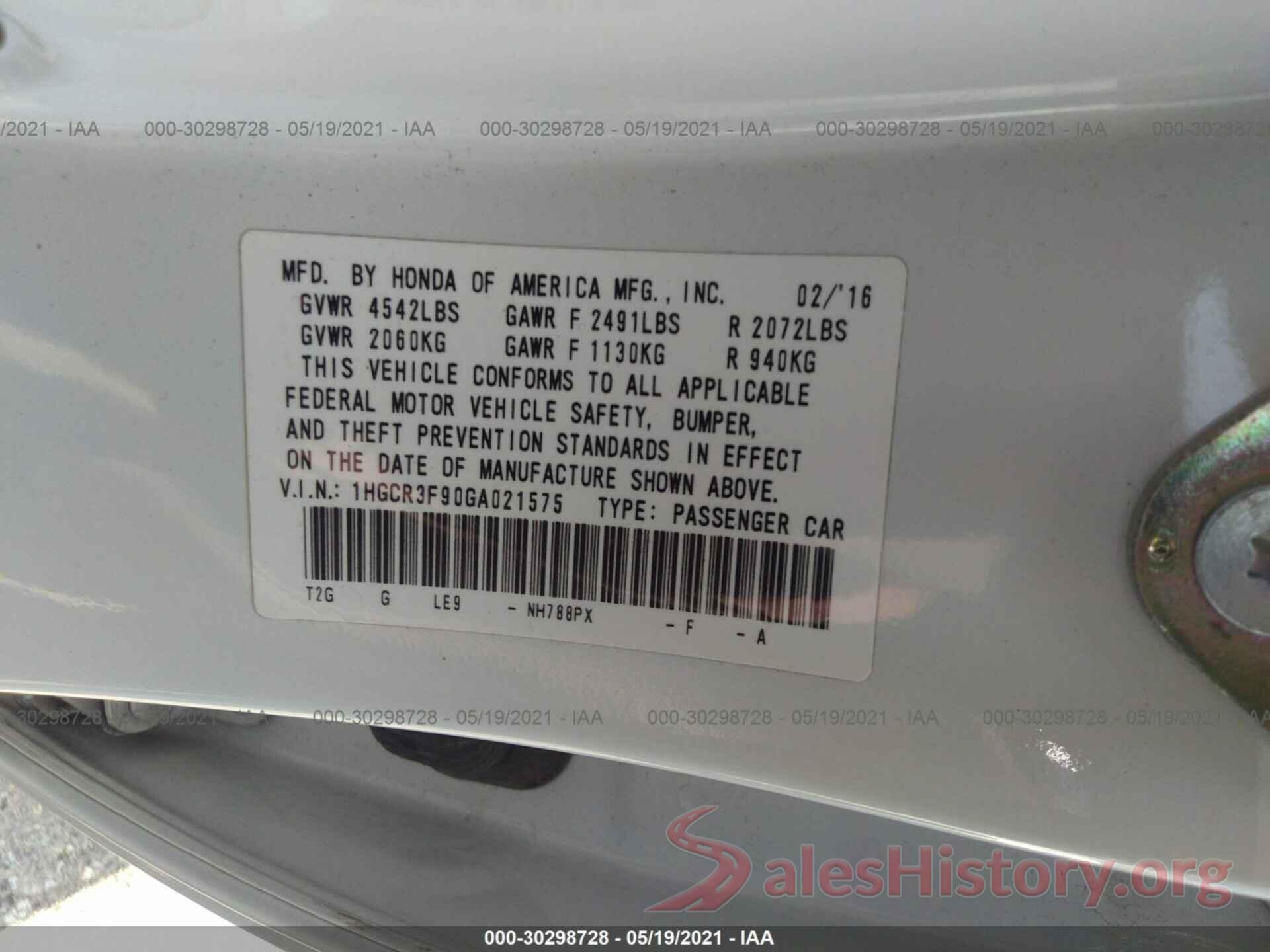 1HGCR3F90GA021575 2016 HONDA ACCORD SEDAN