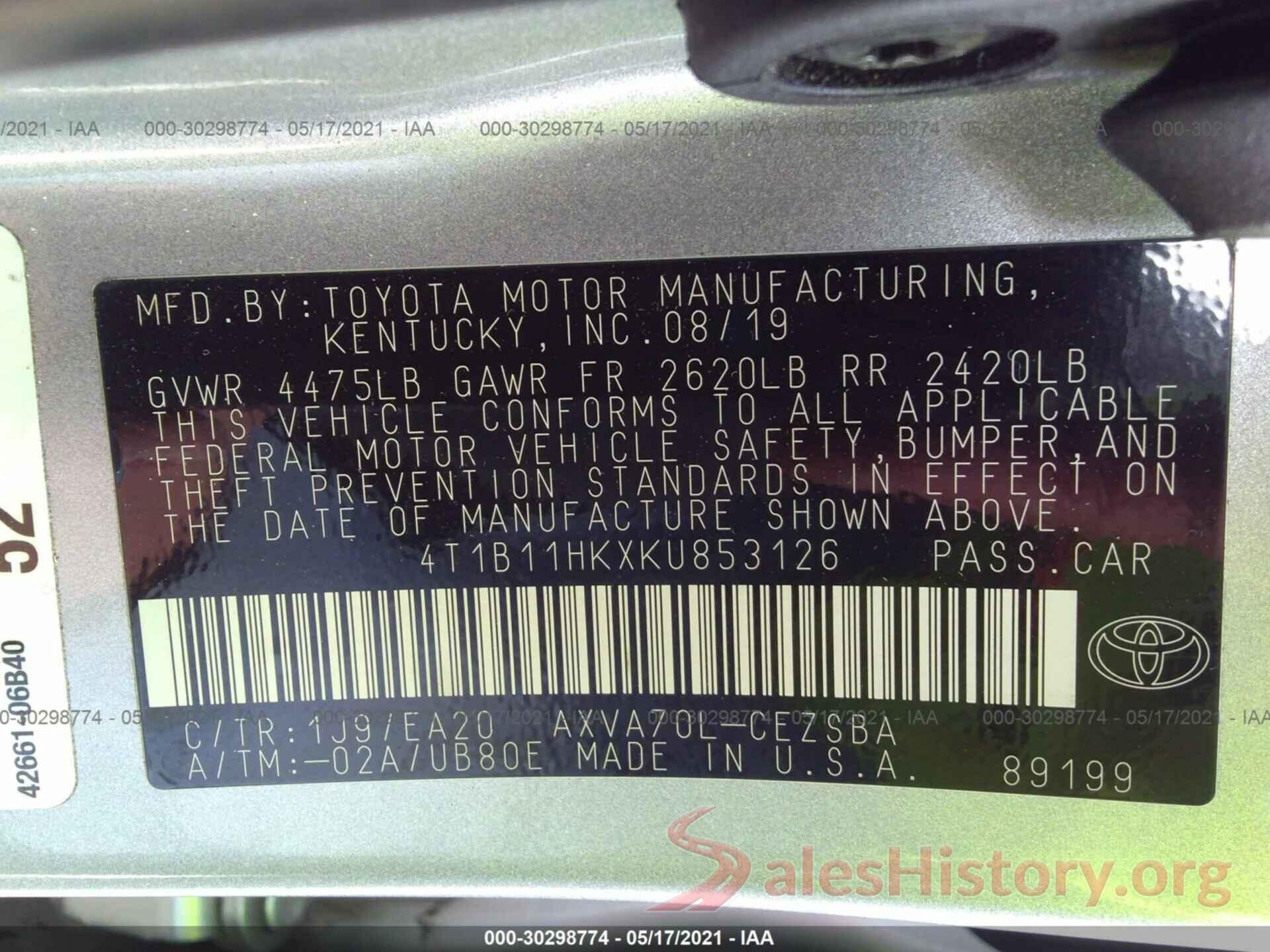 4T1B11HKXKU853126 2019 TOYOTA CAMRY