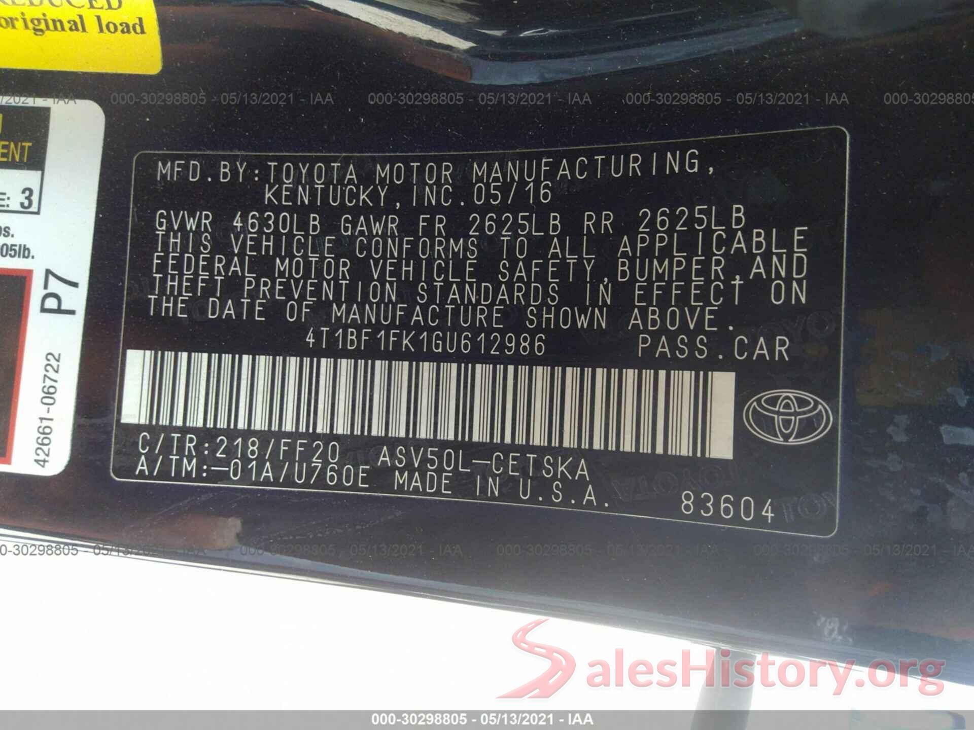 4T1BF1FK1GU612986 2016 TOYOTA CAMRY