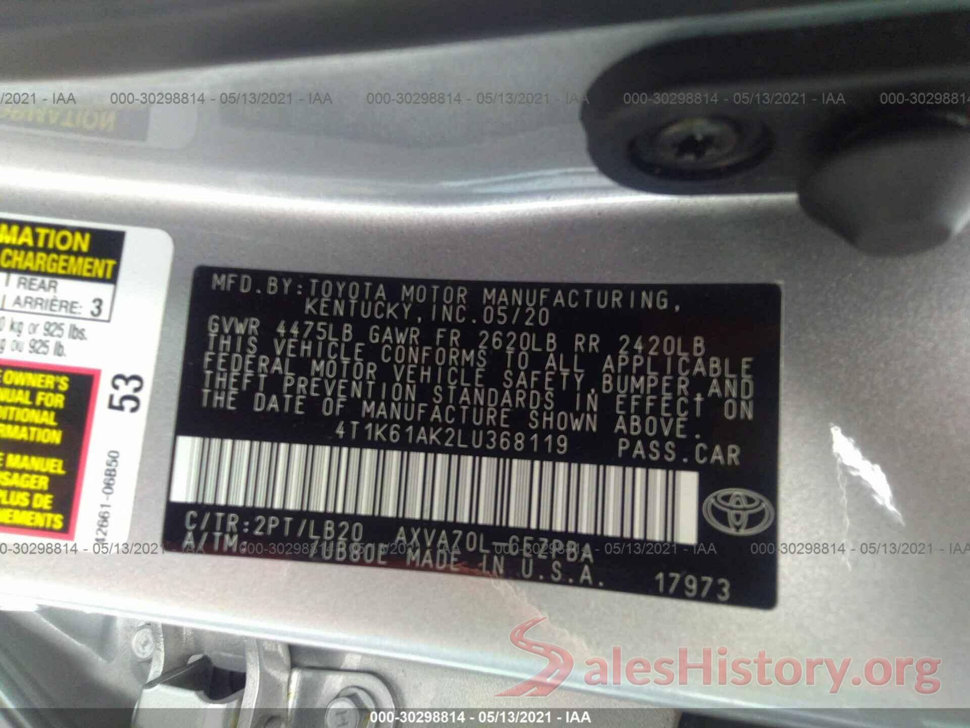 4T1K61AK2LU368119 2020 TOYOTA CAMRY