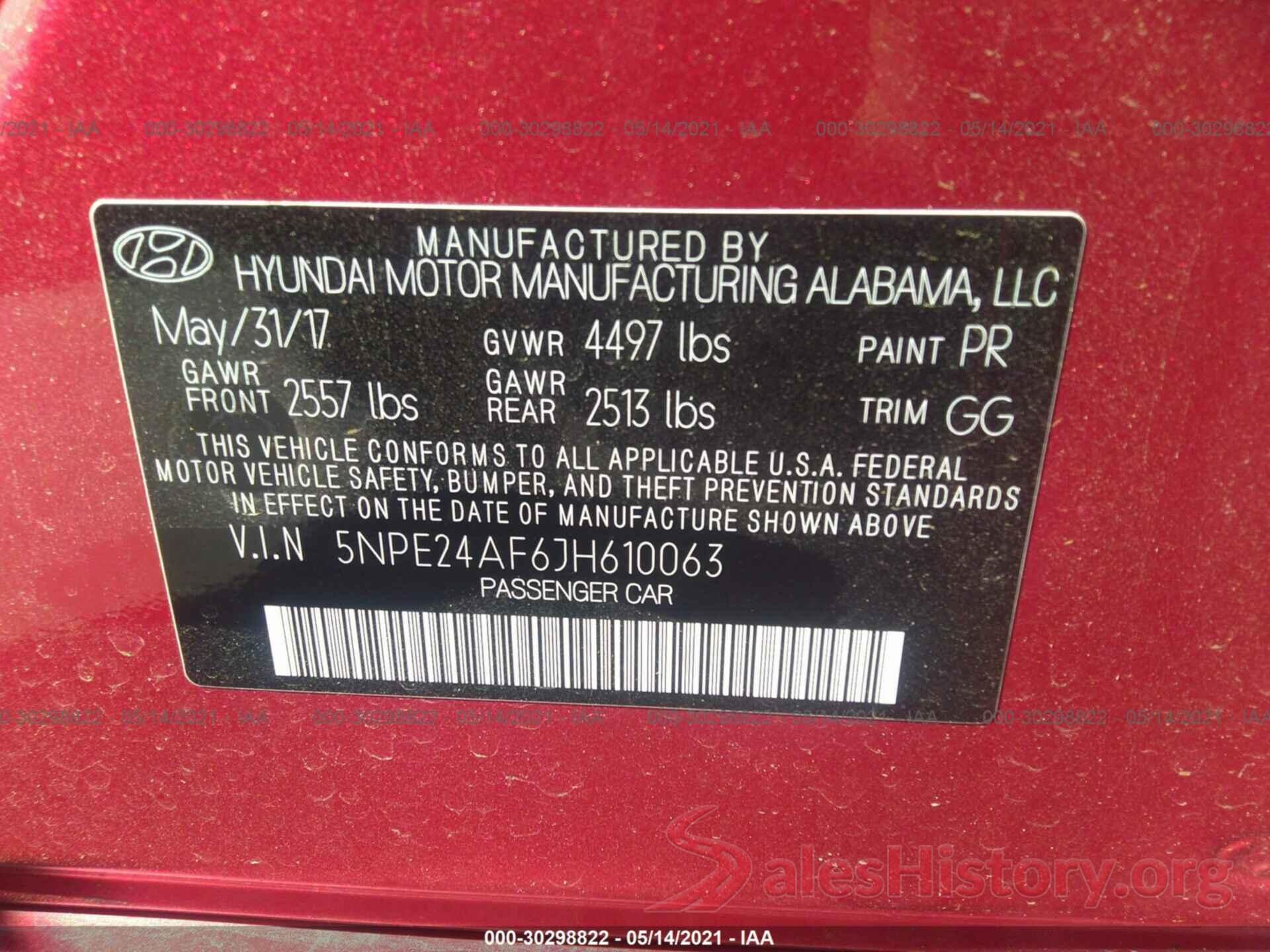 5NPE24AF6JH610063 2018 HYUNDAI SONATA