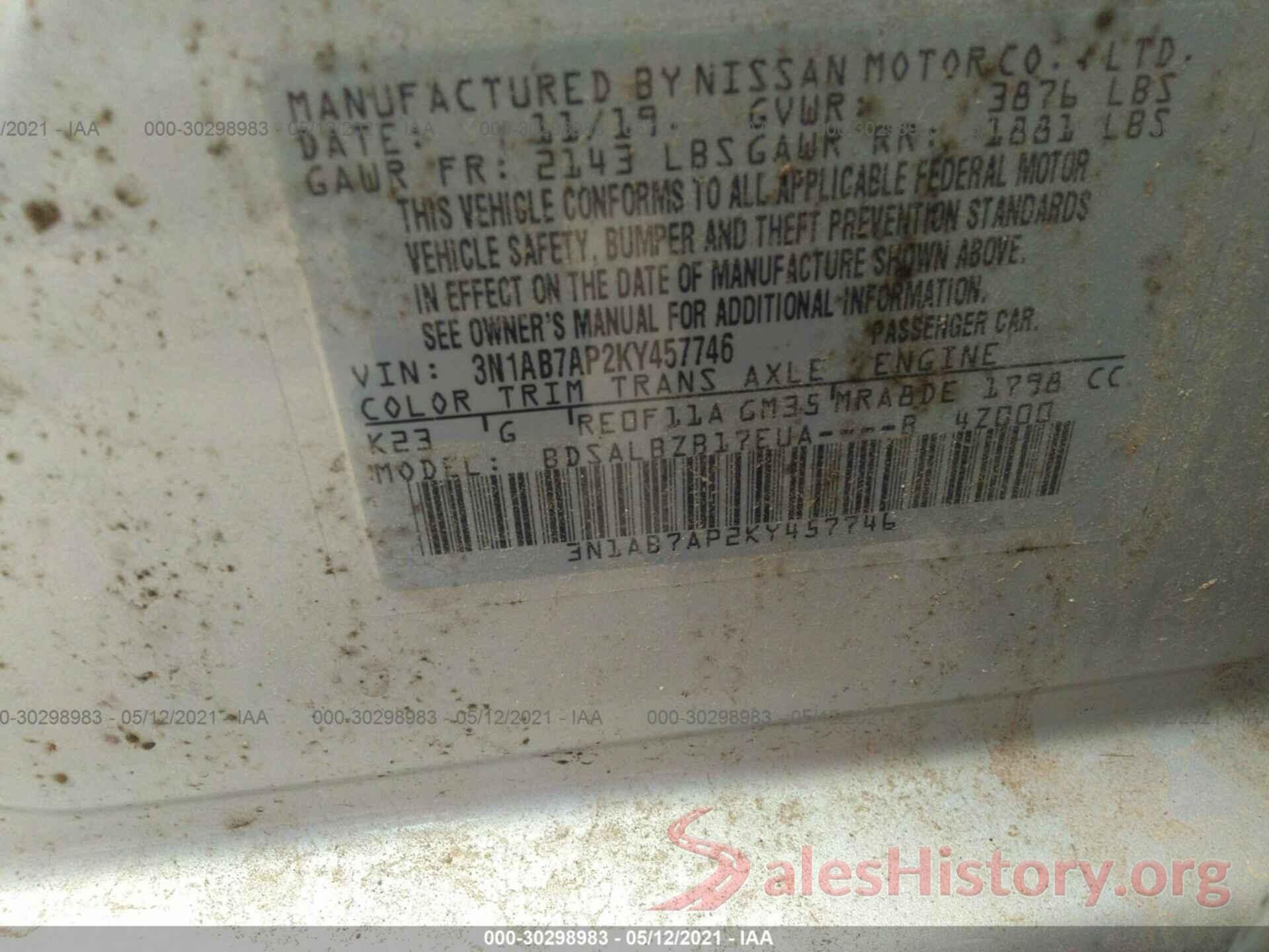 3N1AB7AP2KY457746 2019 NISSAN SENTRA