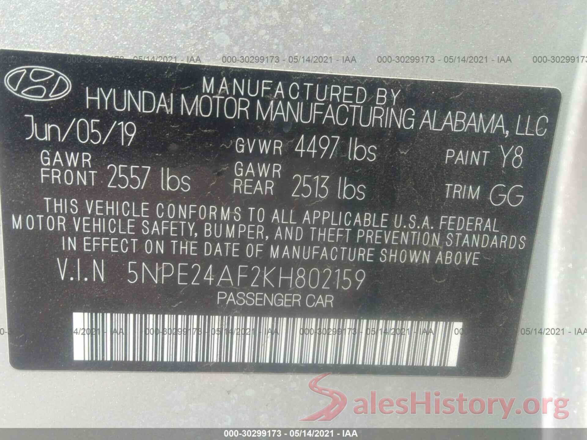 5NPE24AF2KH802159 2019 HYUNDAI SONATA