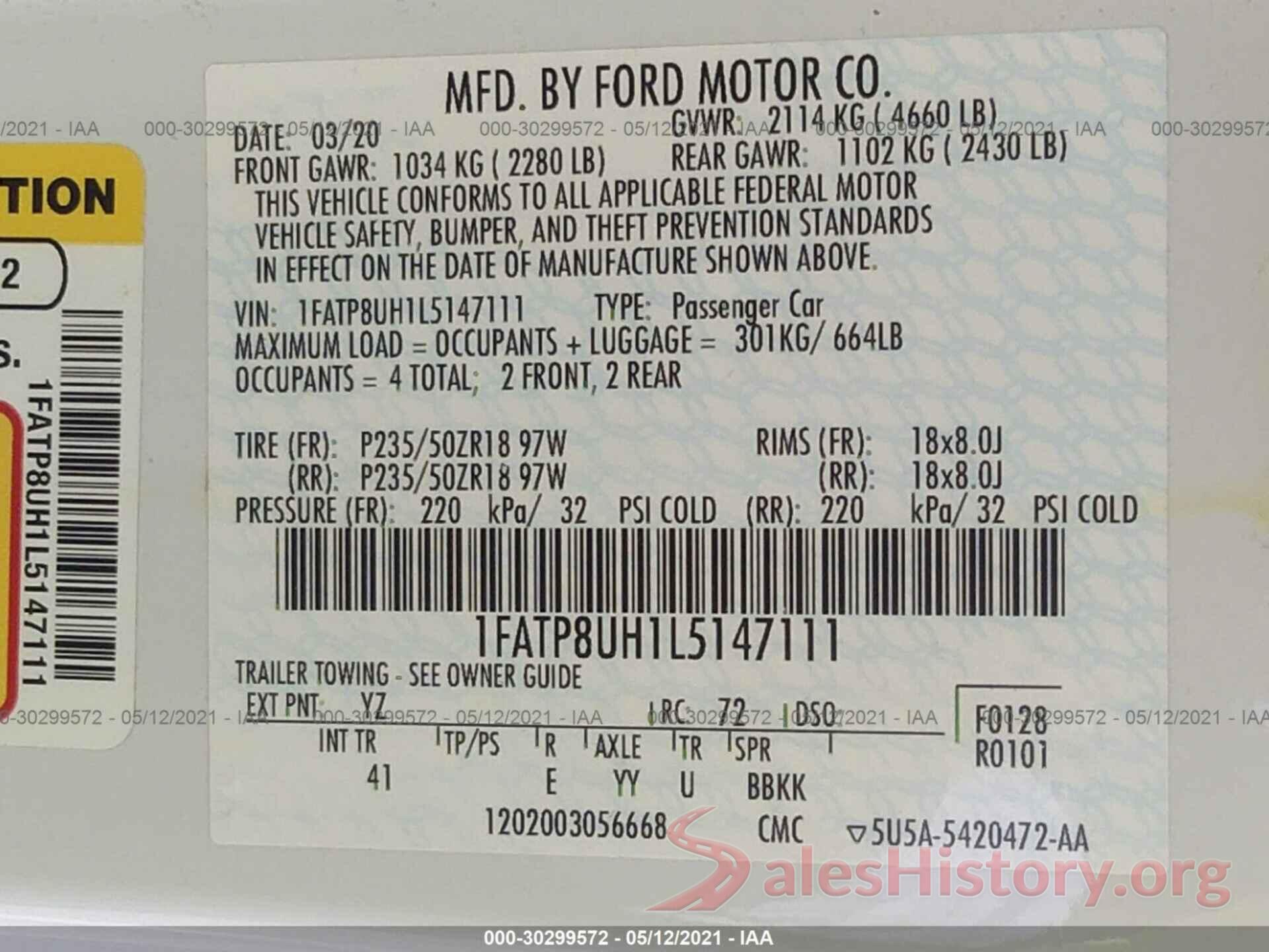 1FATP8UH1L5147111 2020 FORD MUSTANG