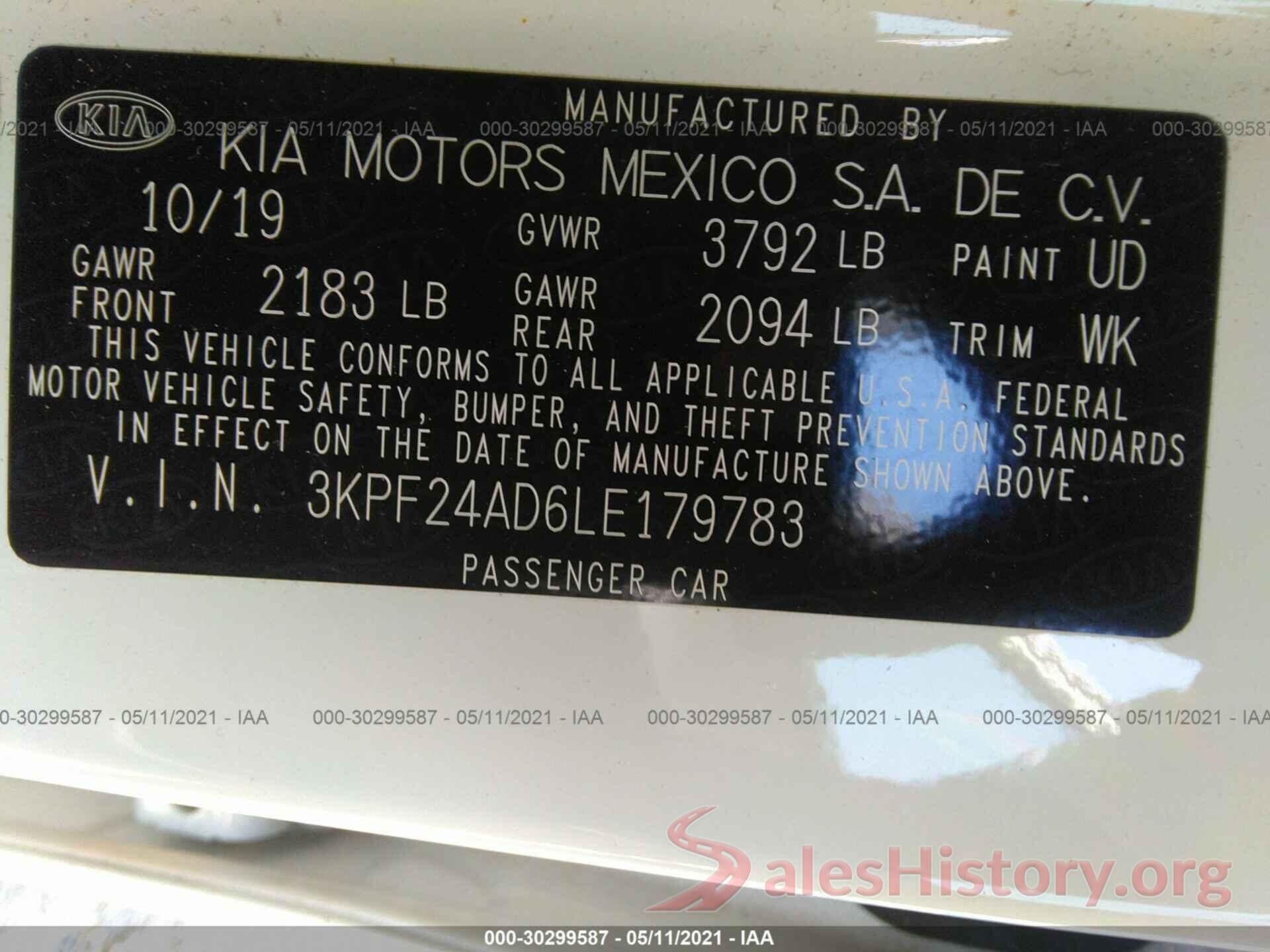 3KPF24AD6LE179783 2020 KIA FORTE