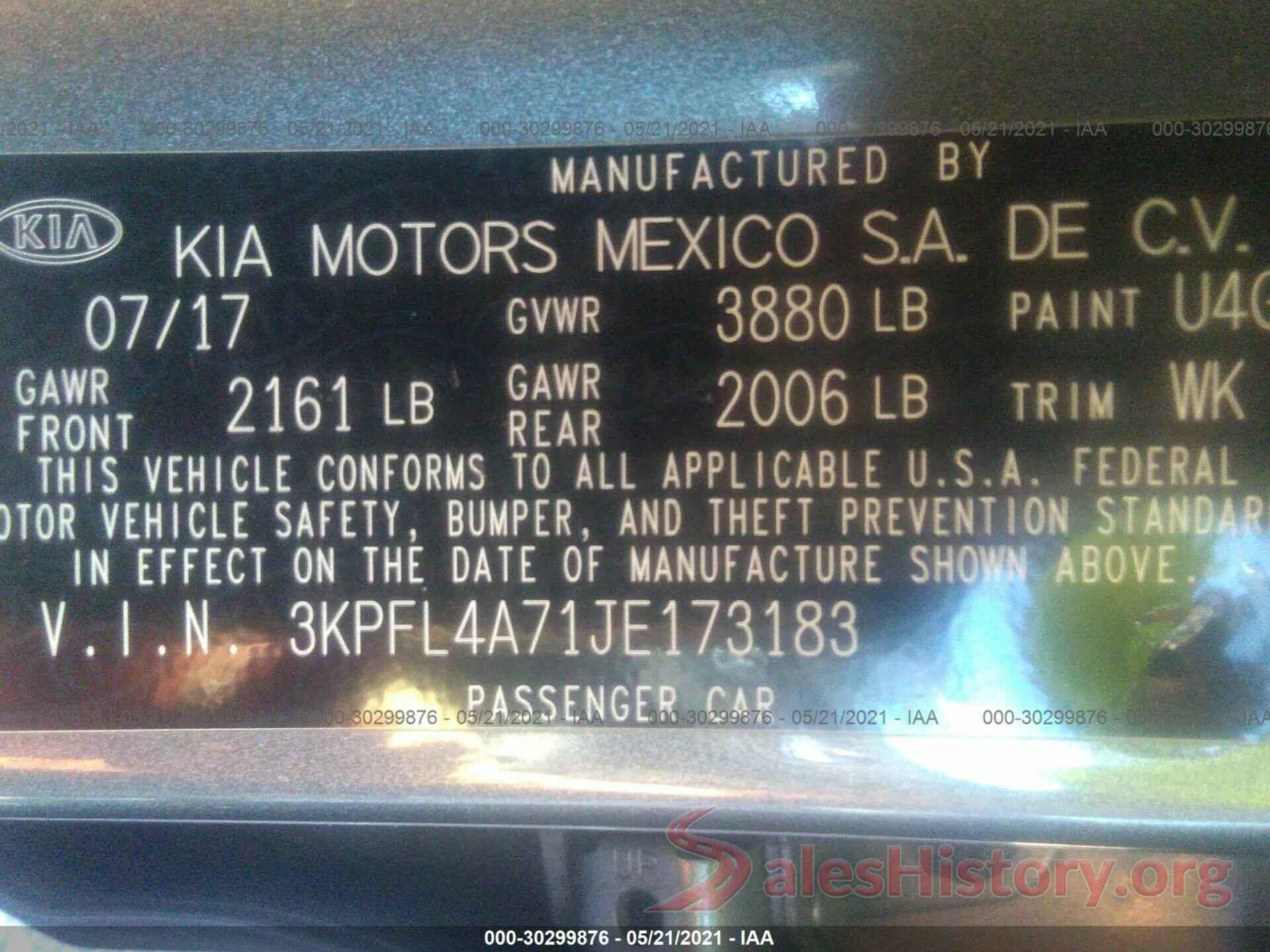 3KPFL4A71JE173183 2018 KIA FORTE