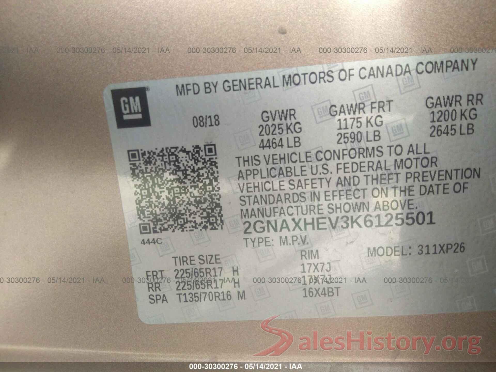 2GNAXHEV3K6125501 2019 CHEVROLET EQUINOX