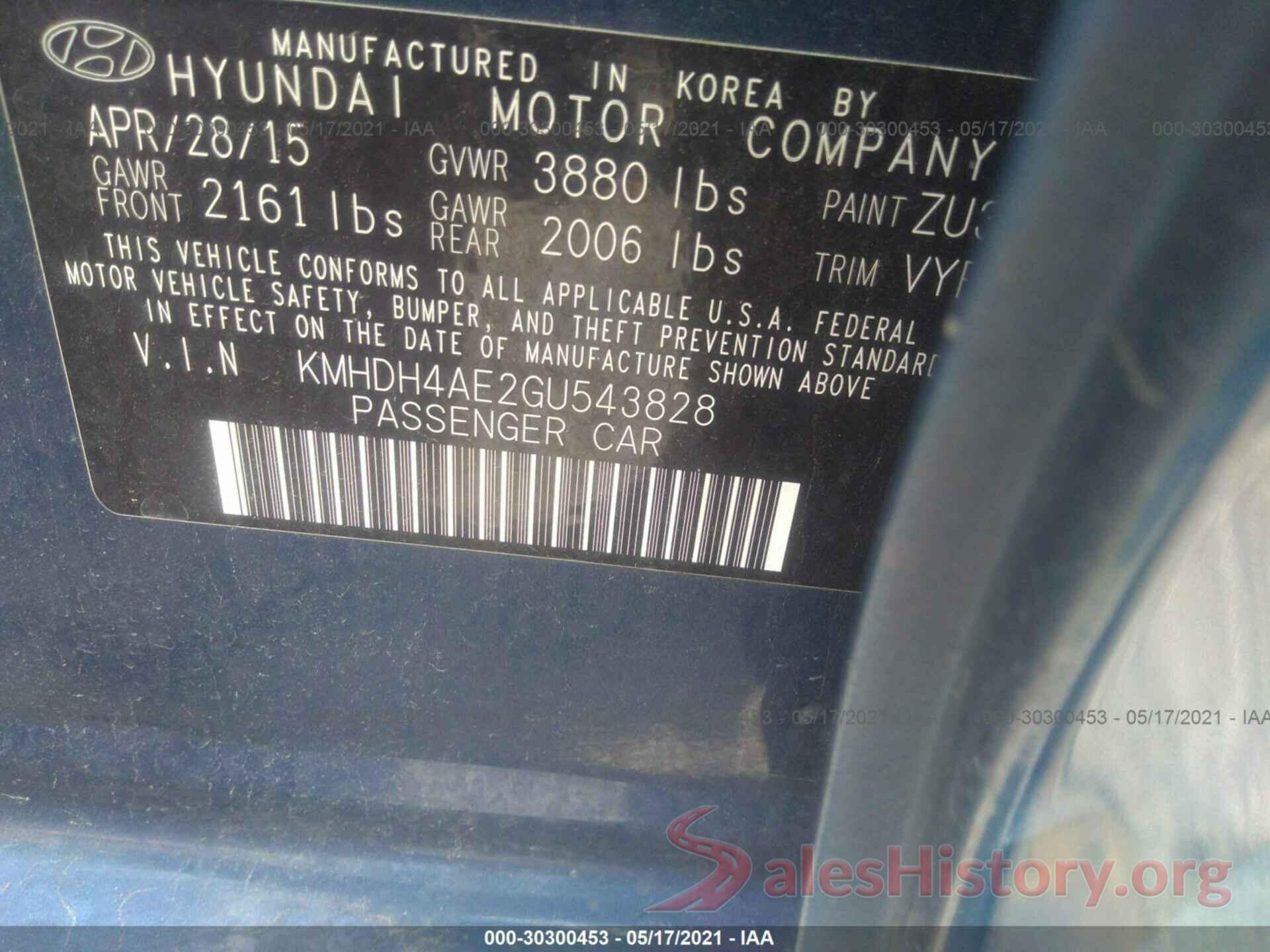 KMHDH4AE2GU543828 2016 HYUNDAI ELANTRA