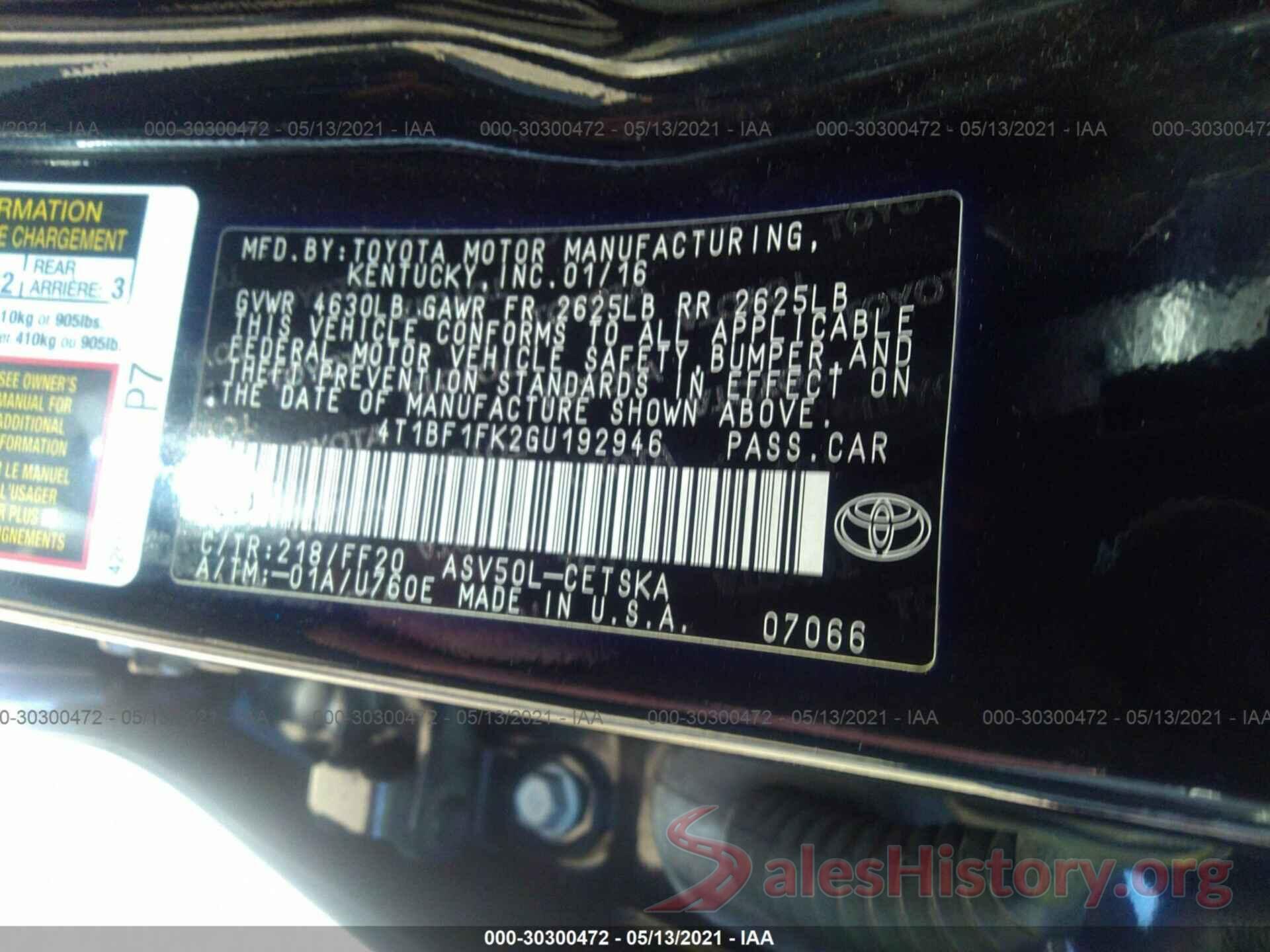 4T1BF1FK2GU192946 2016 TOYOTA CAMRY