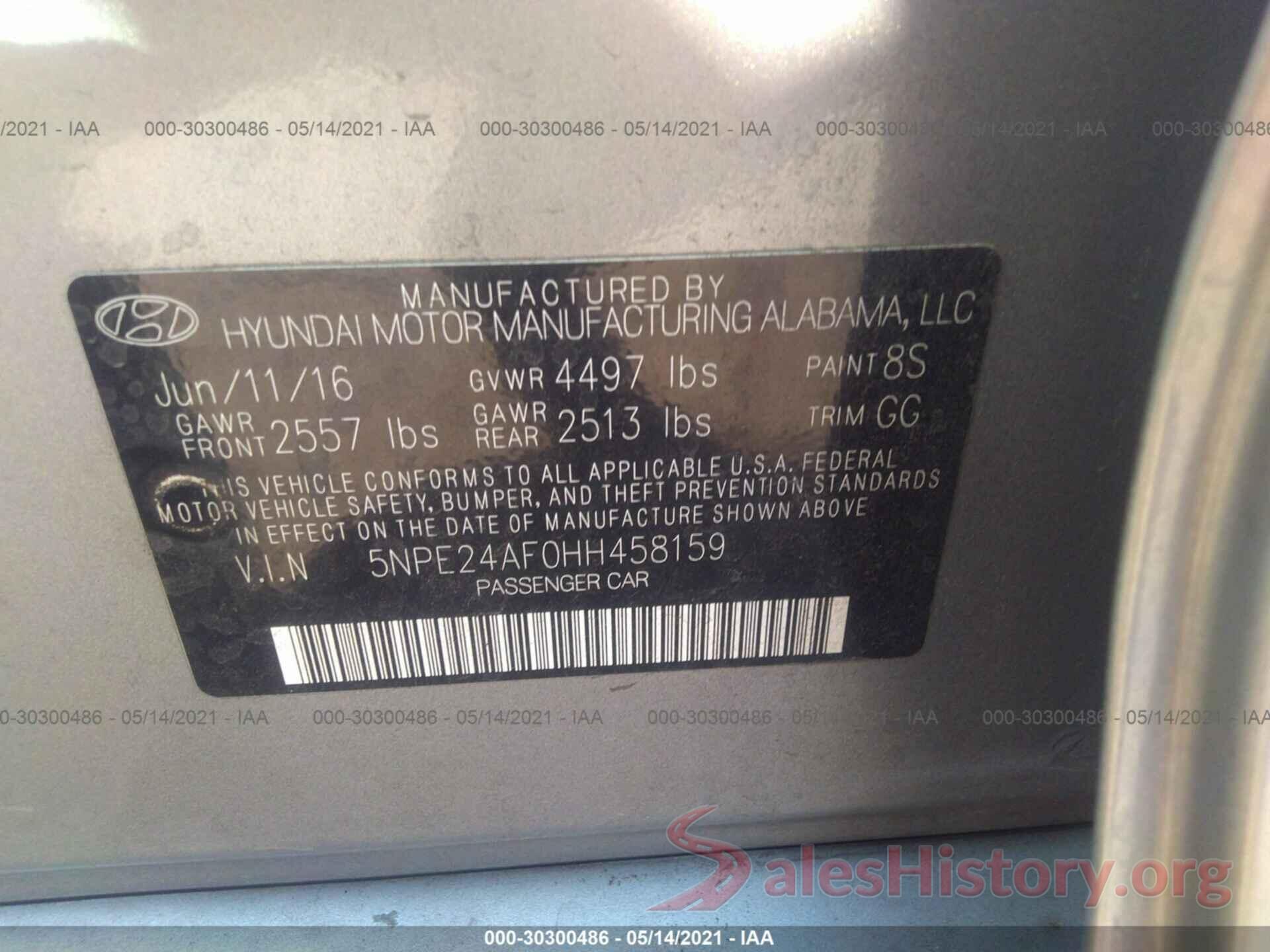 5NPE24AF0HH458159 2017 HYUNDAI SONATA