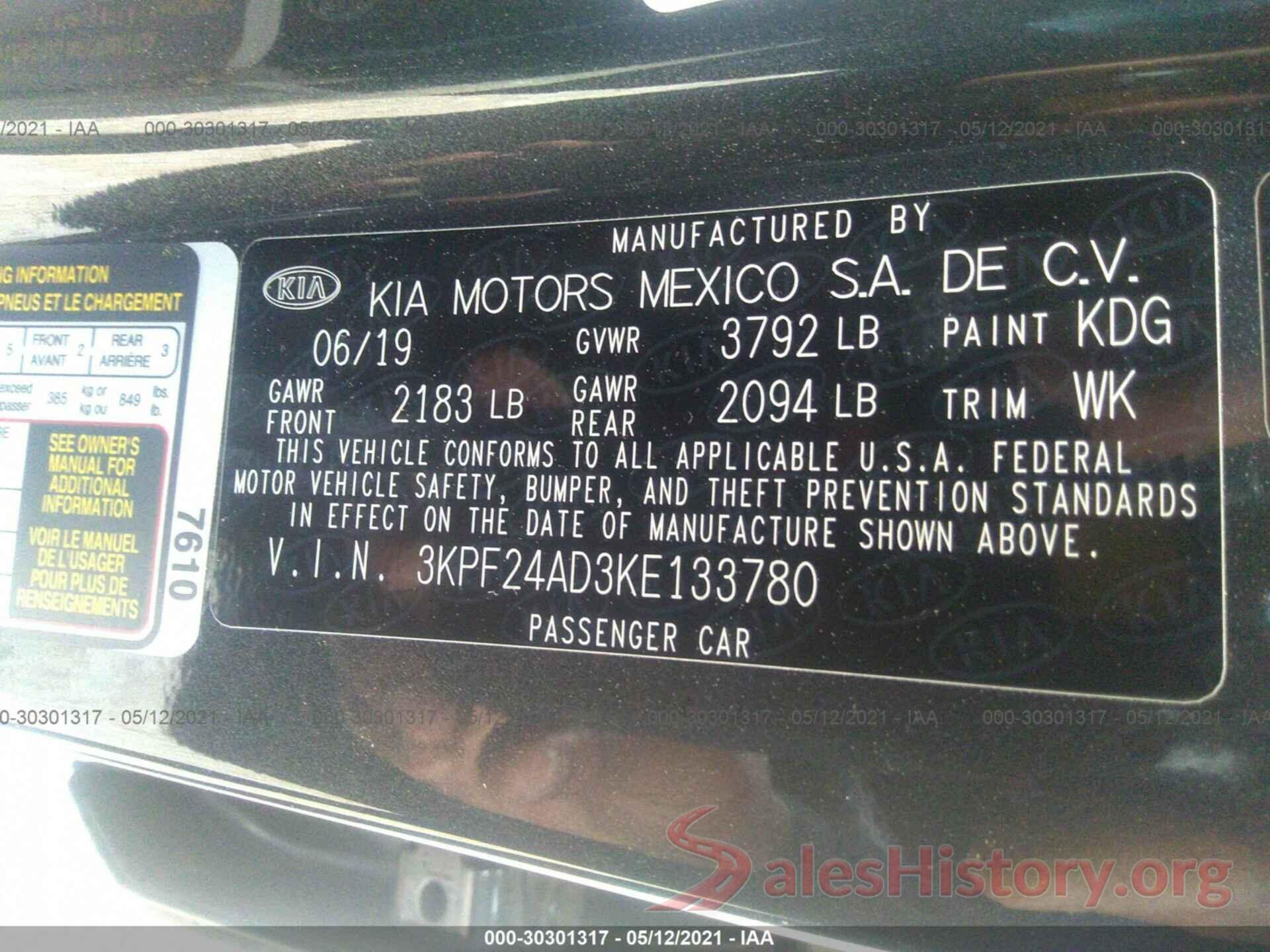 3KPF24AD3KE133780 2019 KIA FORTE