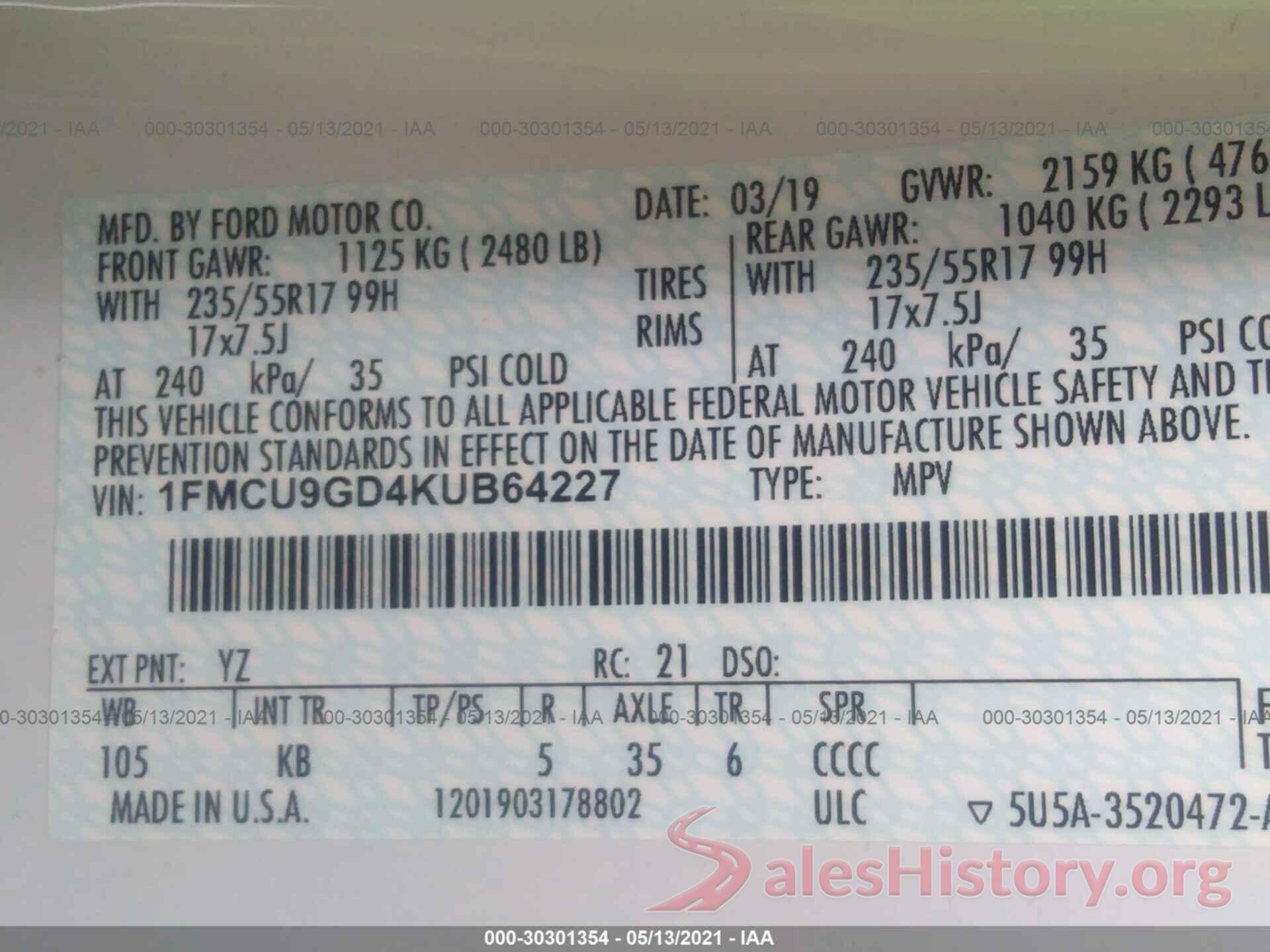 1FMCU9GD4KUB64227 2019 FORD ESCAPE