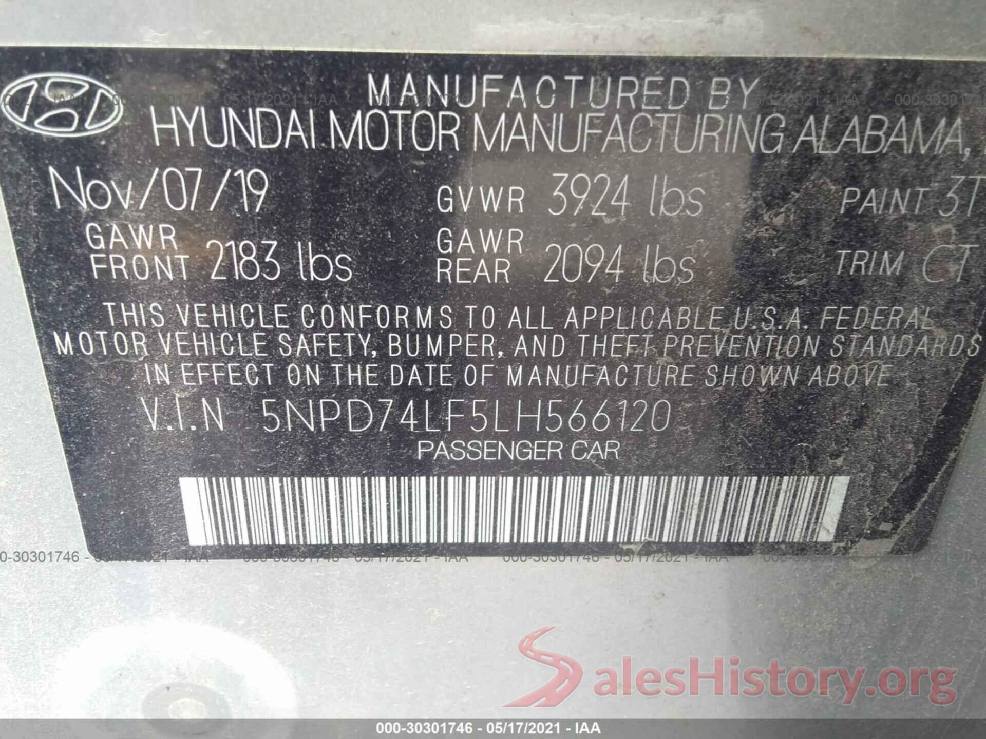 5NPD74LF5LH566120 2020 HYUNDAI ELANTRA