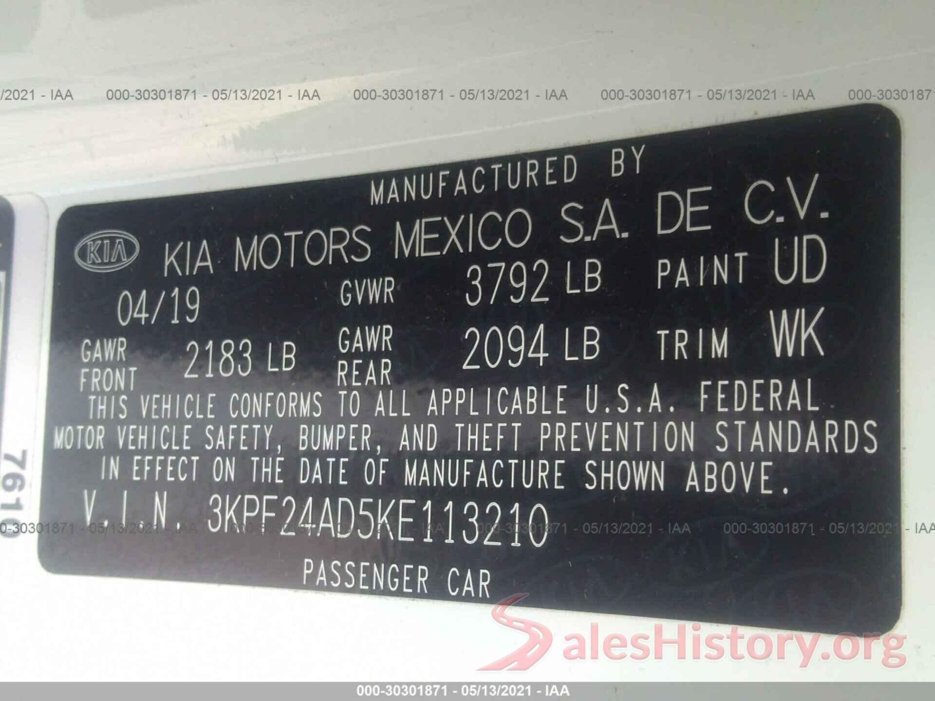 3KPF24AD5KE113210 2019 KIA FORTE