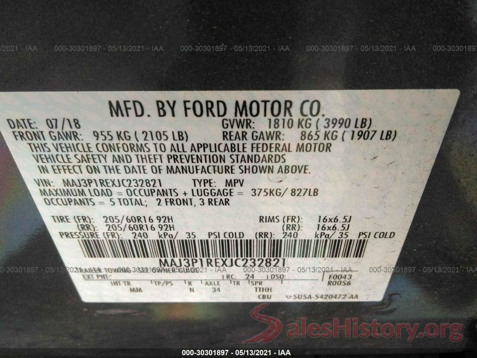 MAJ3P1REXJC232821 2018 FORD ECOSPORT