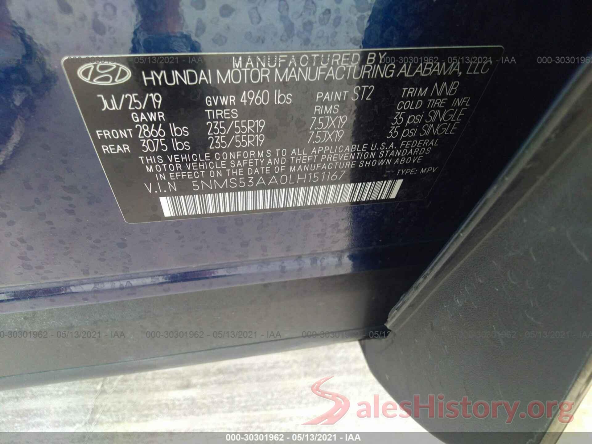 5NMS53AA0LH151167 2020 HYUNDAI SANTA FE