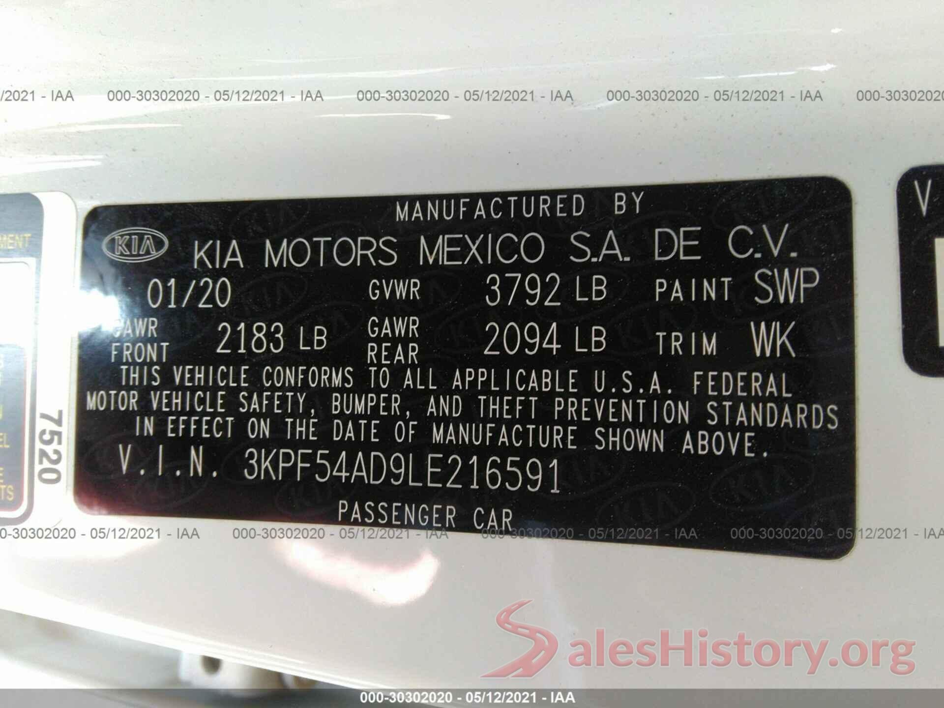 3KPF54AD9LE216591 2020 KIA FORTE