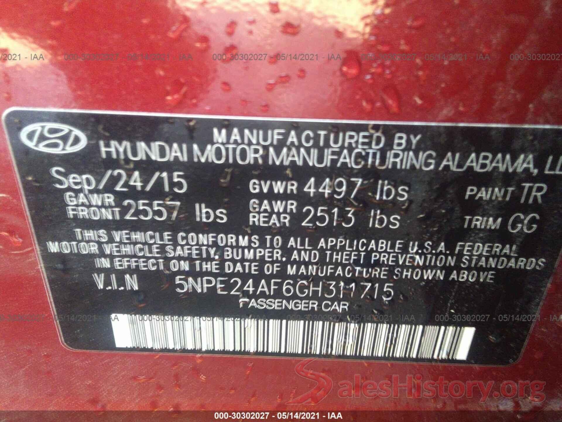 5NPE24AF6GH311715 2016 HYUNDAI SONATA