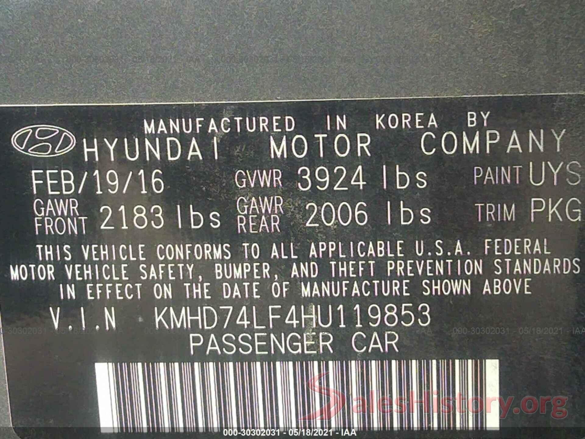 KMHD74LF4HU119853 2017 HYUNDAI ELANTRA